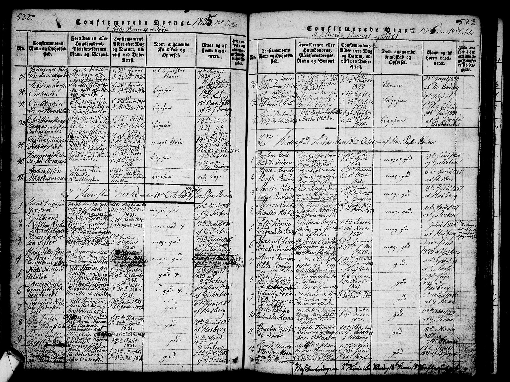 Sandsvær kirkebøker, SAKO/A-244/G/Ga/L0003: Parish register (copy) no. I 3, 1817-1839, p. 522-523