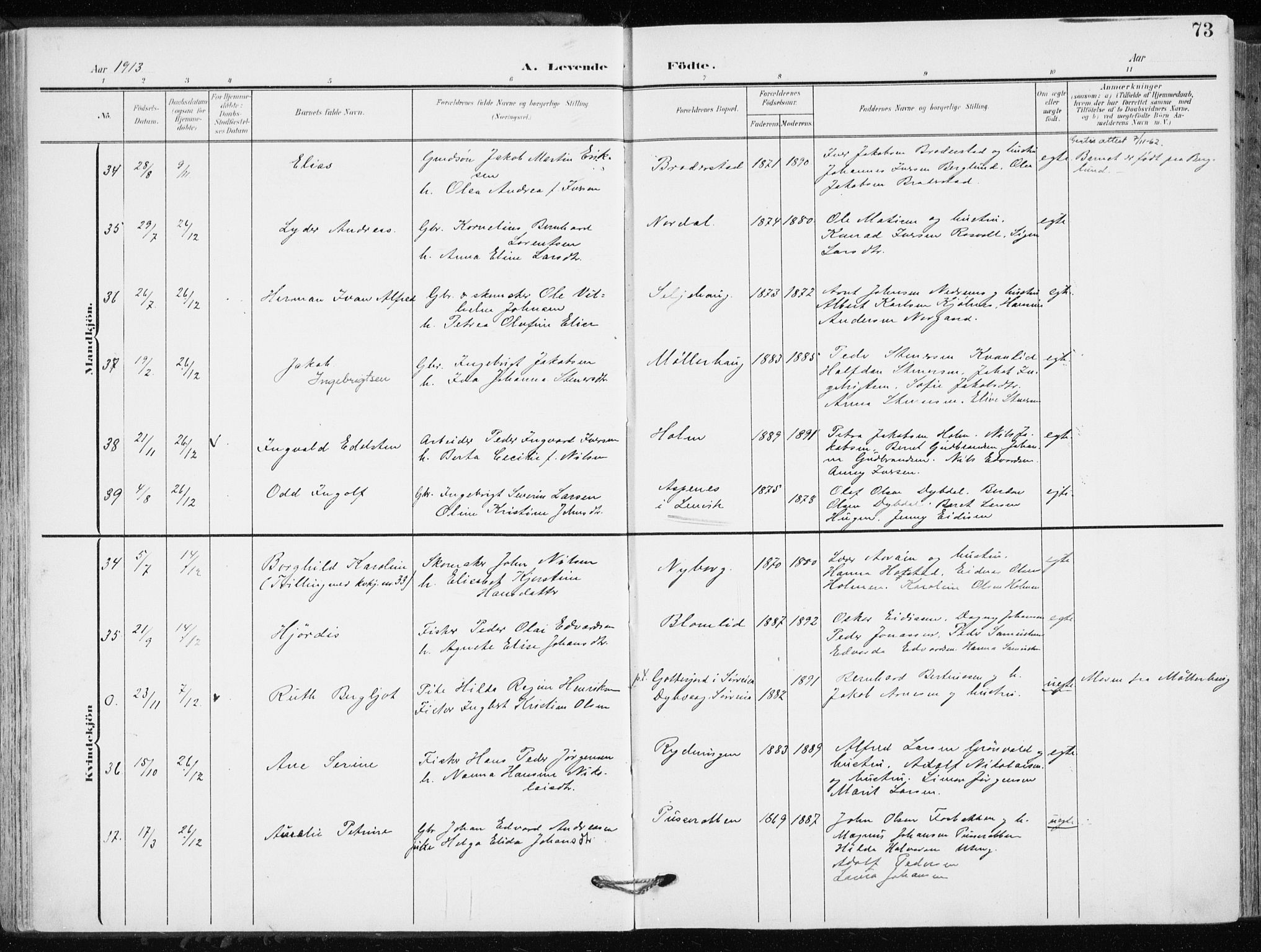 Målselv sokneprestembete, SATØ/S-1311/G/Ga/Gaa/L0011kirke: Parish register (official) no. 11, 1904-1918, p. 73