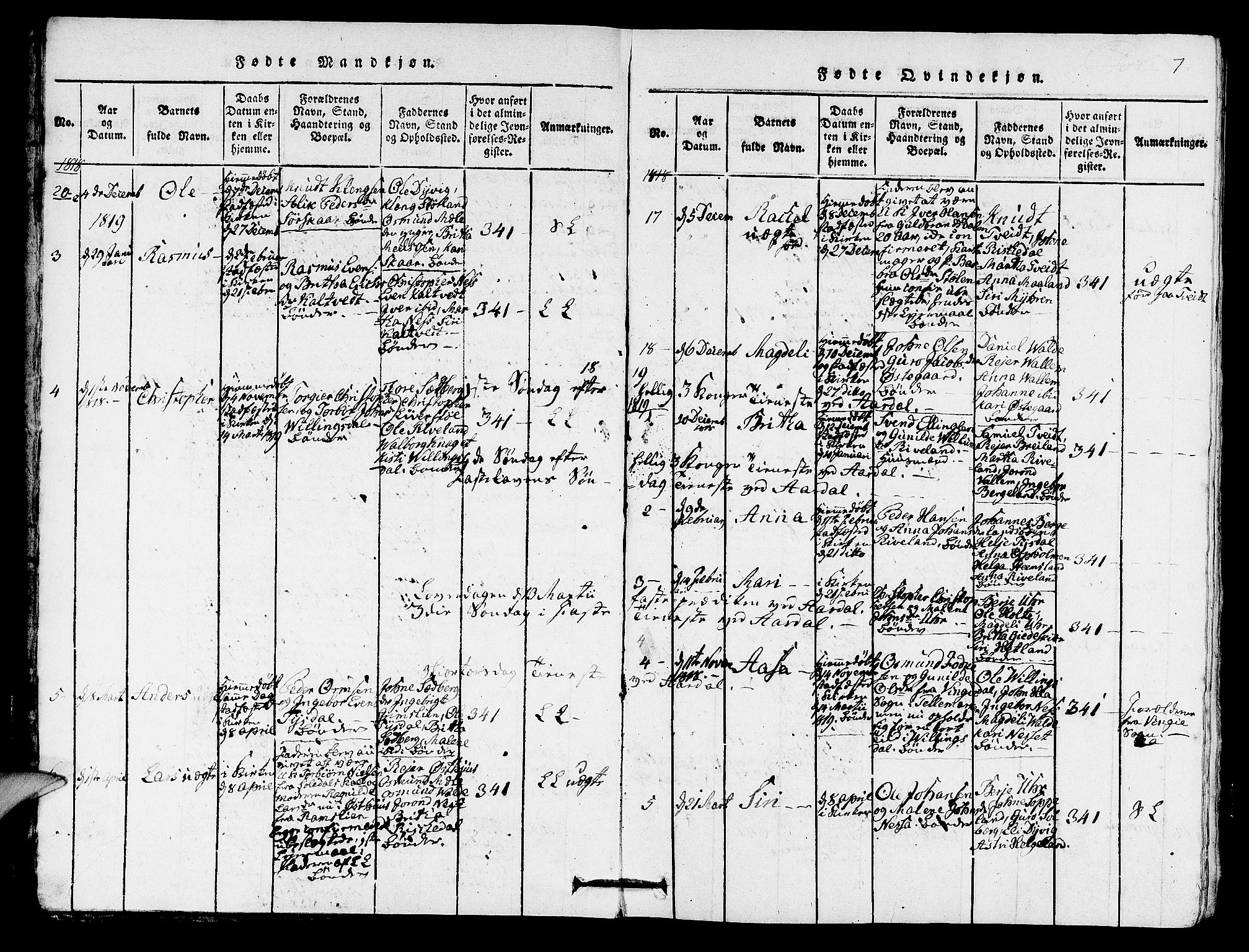 Hjelmeland sokneprestkontor, AV/SAST-A-101843/01/IV/L0005: Parish register (official) no. A 5, 1816-1841, p. 7