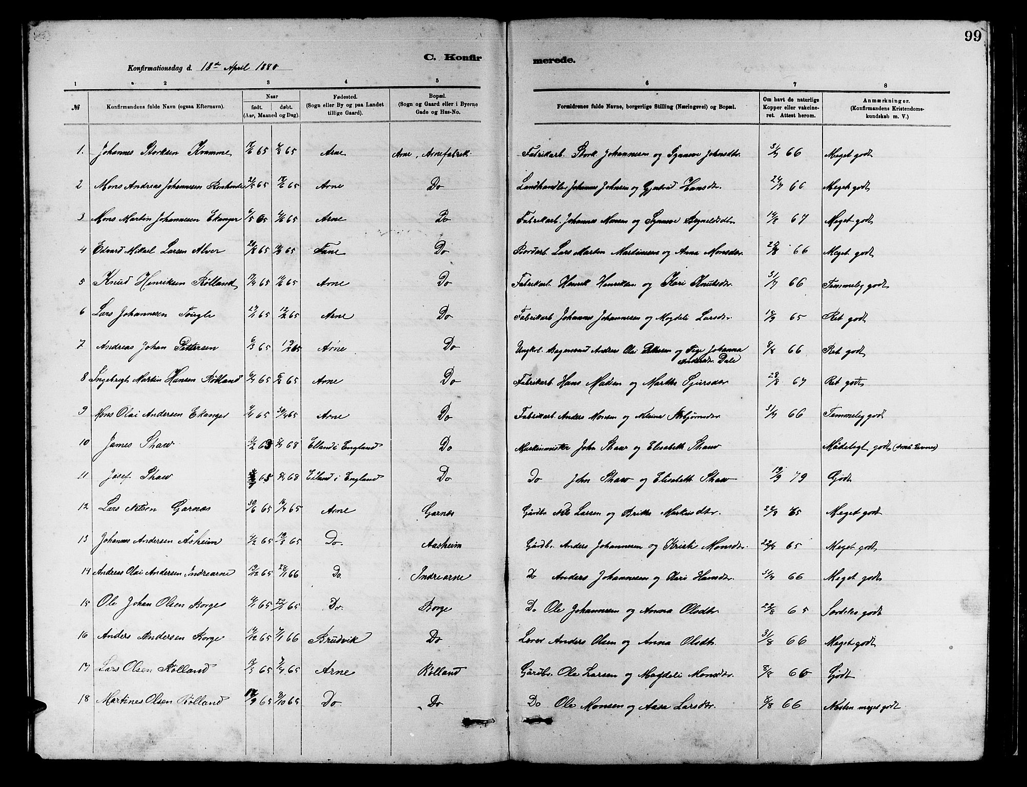 Arna Sokneprestembete, SAB/A-74001/H/Ha/Hab: Parish register (copy) no. A 2, 1878-1887, p. 99