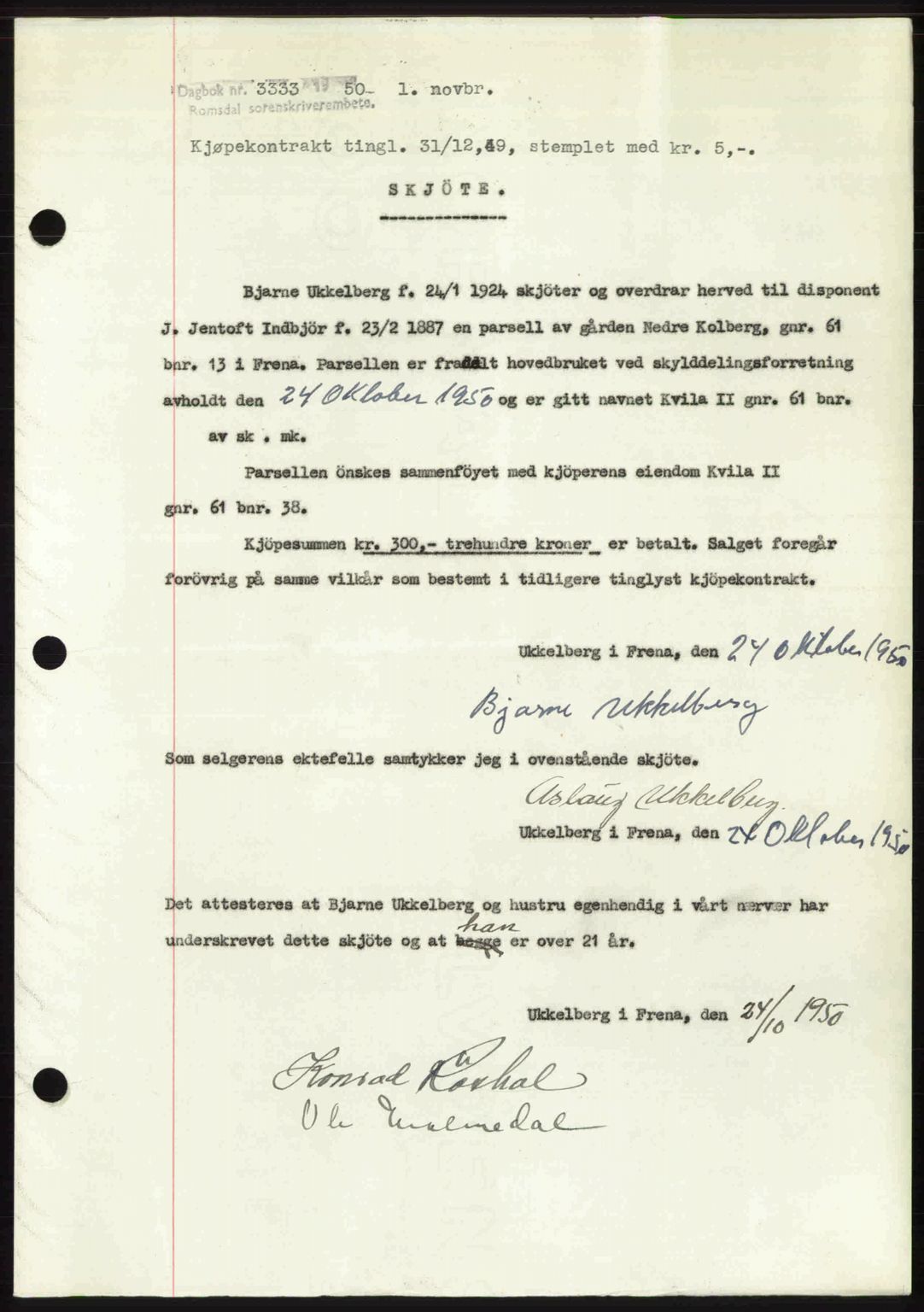 Romsdal sorenskriveri, AV/SAT-A-4149/1/2/2C: Mortgage book no. A34, 1950-1950, Diary no: : 3333/1950