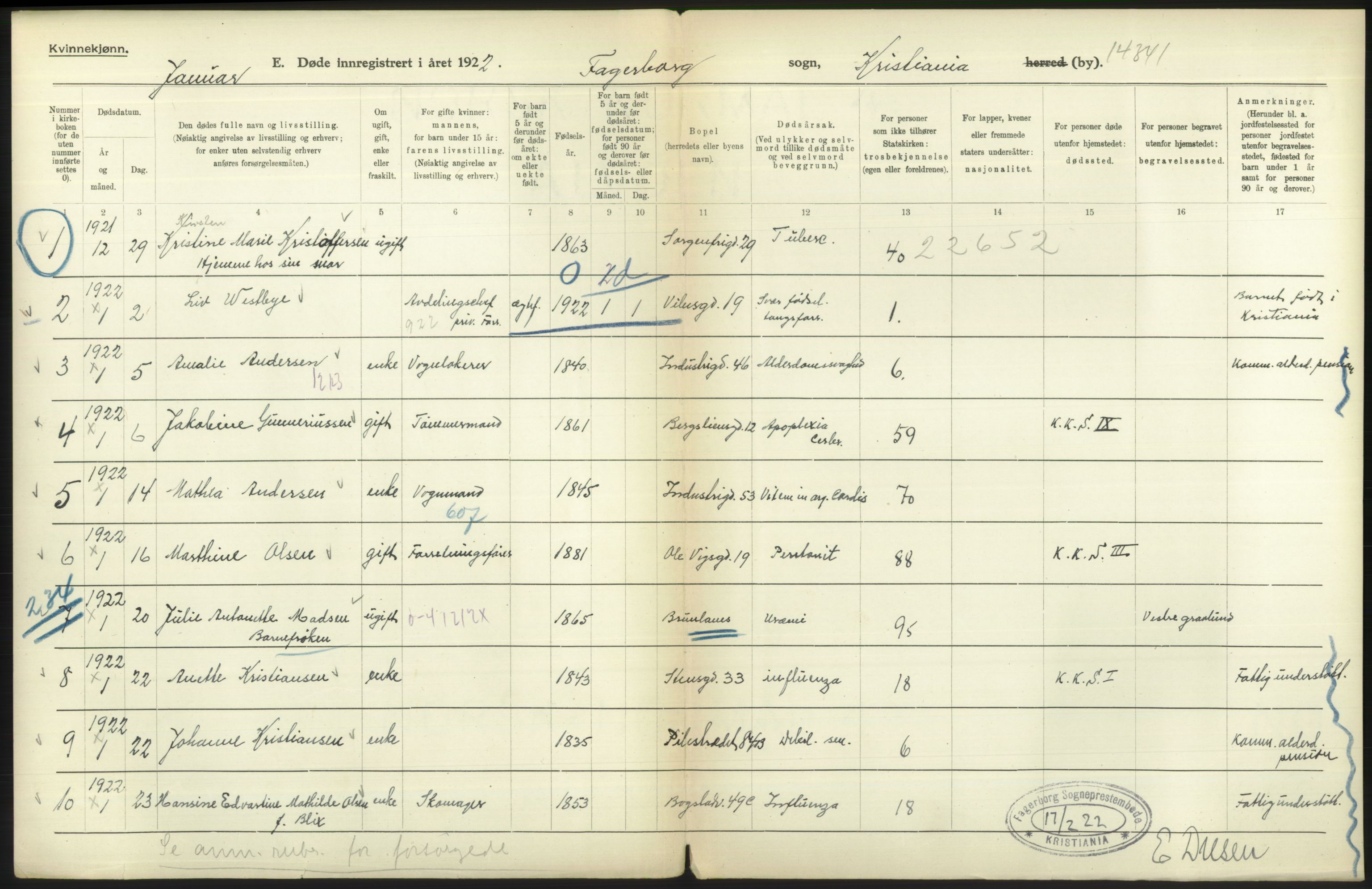 Statistisk sentralbyrå, Sosiodemografiske emner, Befolkning, AV/RA-S-2228/D/Df/Dfc/Dfcb/L0009: Kristiania: Døde, 1922, p. 328