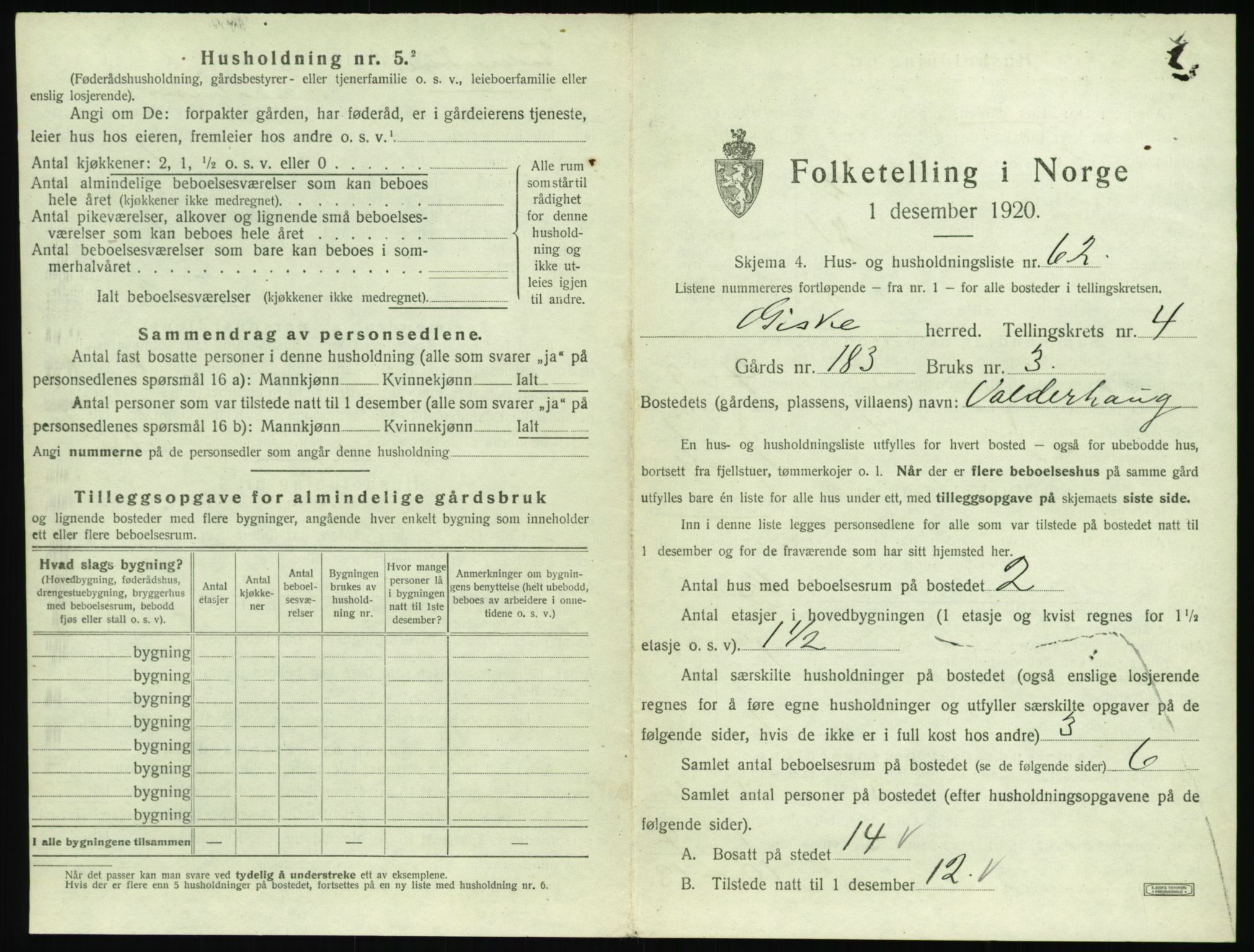 SAT, 1920 census for Giske, 1920, p. 408