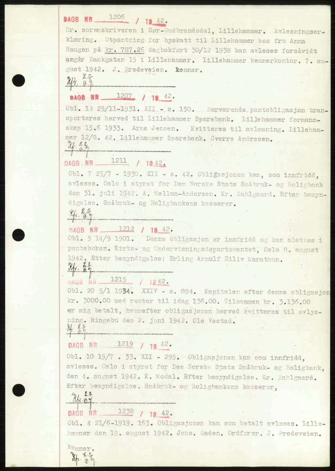 Sør-Gudbrandsdal tingrett, SAH/TING-004/H/Hb/Hbf/L0002: Mortgage book no. C1, 1938-1951, Diary no: : 1206/1942
