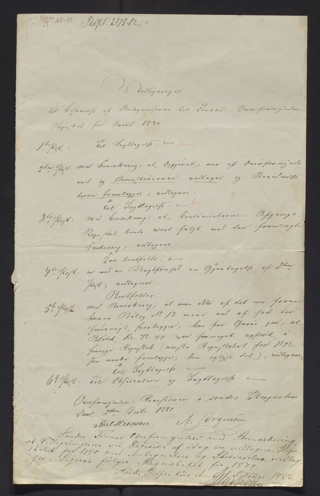 Finnaas kommune. Overformynderiet, IKAH/1218a-812/R/Ra/Raa/L0004/0002: Årlege rekneskap m/vedlegg / Årlege rekneskap m/vedlegg, 1880