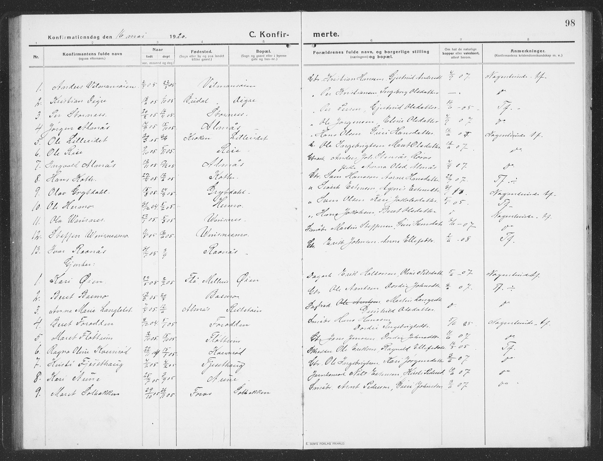 Ministerialprotokoller, klokkerbøker og fødselsregistre - Sør-Trøndelag, SAT/A-1456/688/L1030: Parish register (copy) no. 688C05, 1916-1939, p. 98