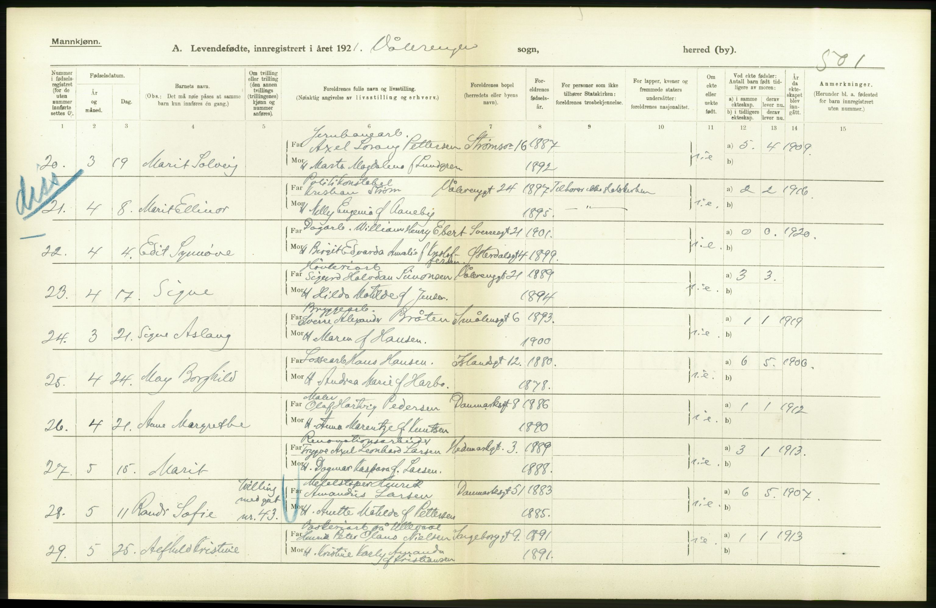 Statistisk sentralbyrå, Sosiodemografiske emner, Befolkning, RA/S-2228/D/Df/Dfc/Dfca/L0009: Kristiania: Levendefødte menn og kvinner., 1921, p. 188