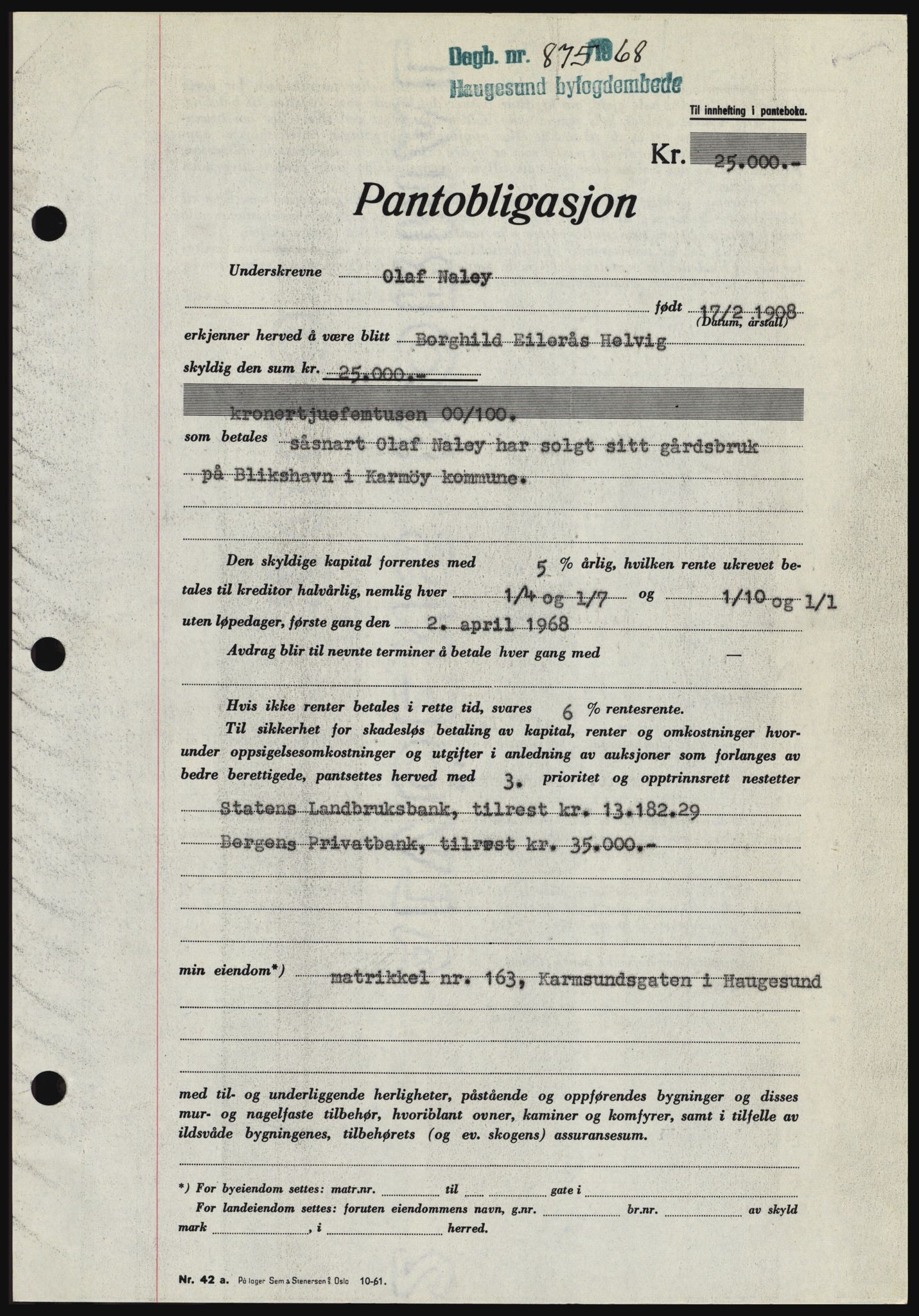 Haugesund tingrett, SAST/A-101415/01/II/IIC/L0058: Mortgage book no. B 58, 1967-1968, Diary no: : 875/1968