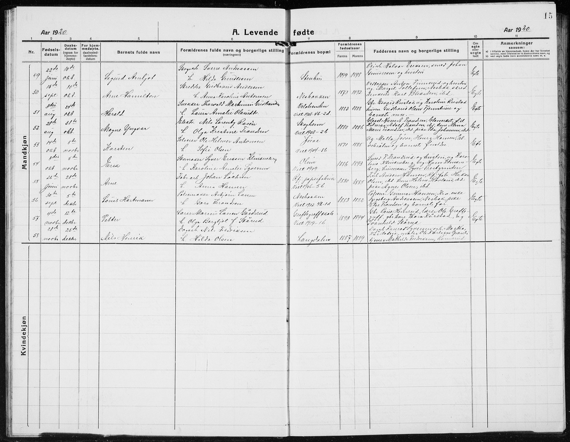 Jevnaker prestekontor, SAH/PREST-116/H/Ha/Hab/L0005: Parish register (copy) no. 5, 1919-1934, p. 15