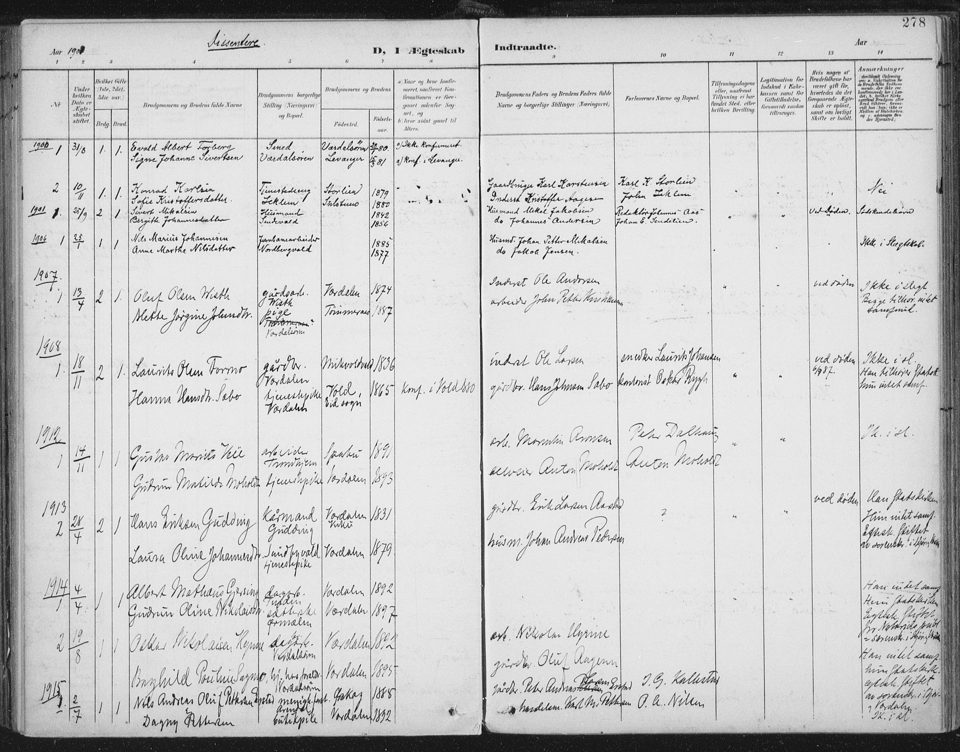 Ministerialprotokoller, klokkerbøker og fødselsregistre - Nord-Trøndelag, SAT/A-1458/723/L0246: Parish register (official) no. 723A15, 1900-1917, p. 278