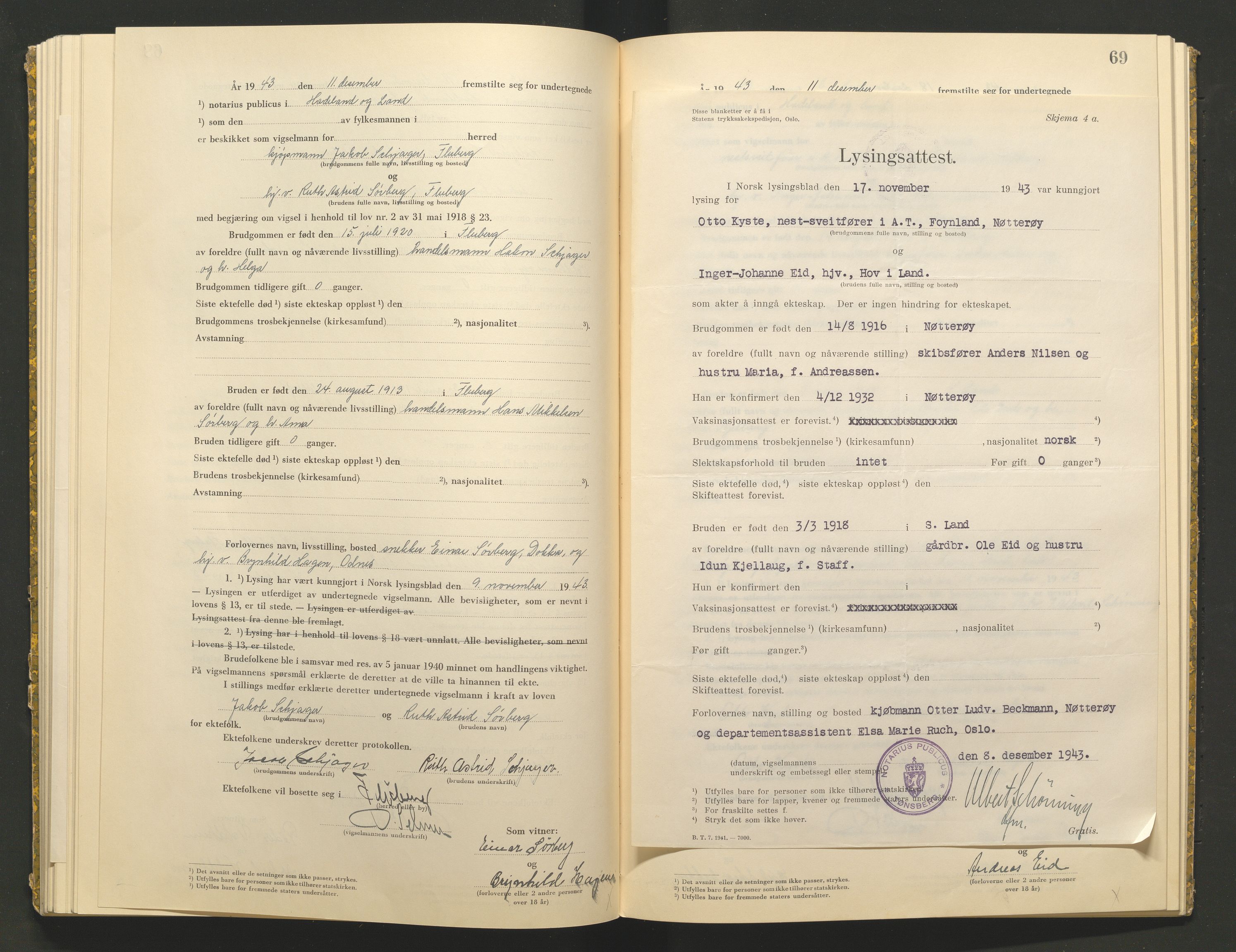 Hadeland og Land tingrett, AV/SAH-TING-010/L/Lb/L0002: Vigselbok, 1943-1944, p. 69