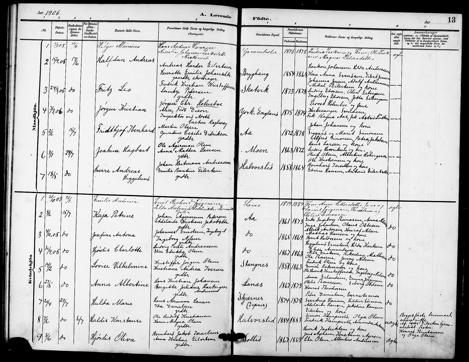 Tranøy sokneprestkontor, SATØ/S-1313/I/Ia/Iab/L0005klokker: Parish register (copy) no. 5, 1902-1919, p. 13