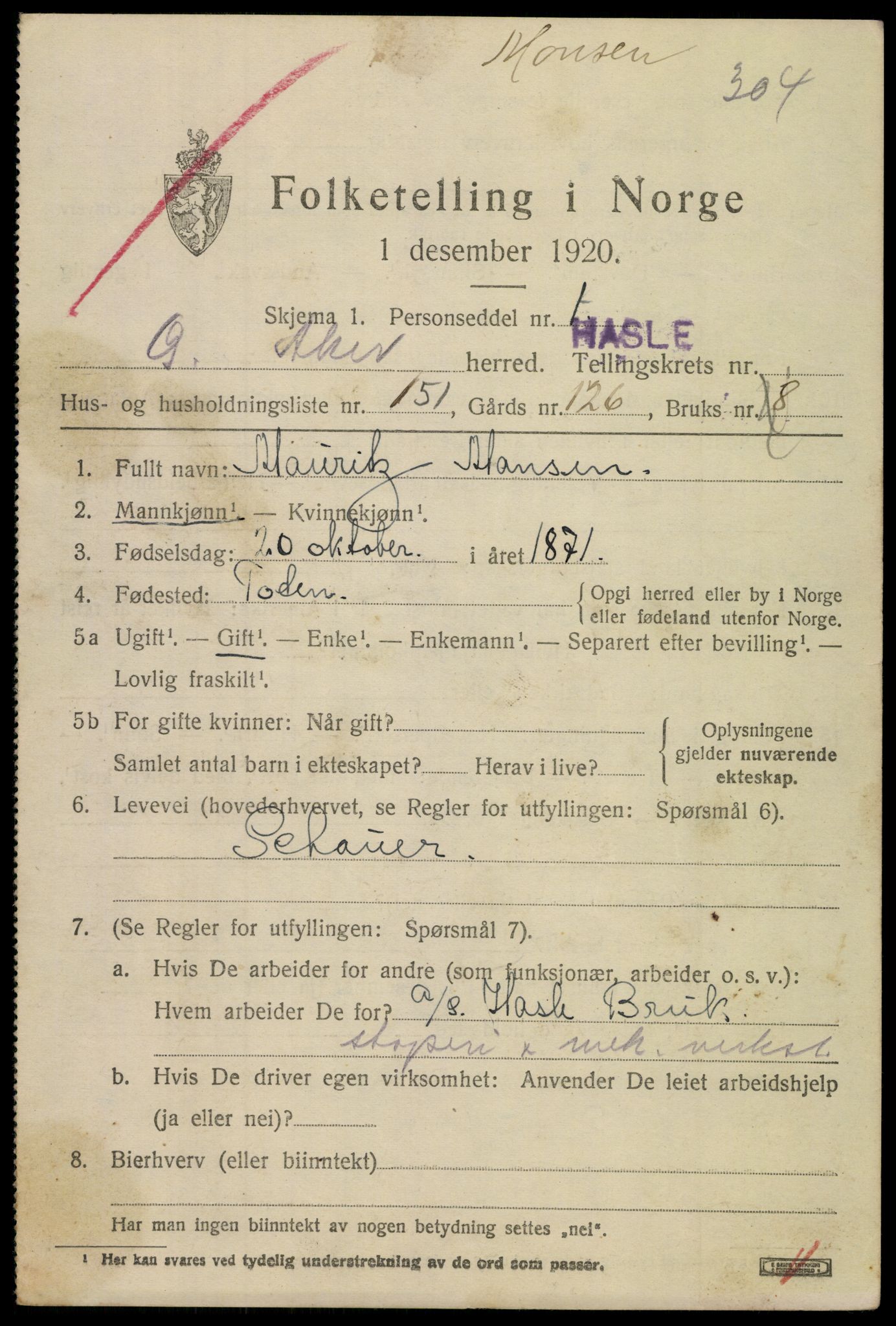 SAO, 1920 census for Aker, 1920, p. 114310