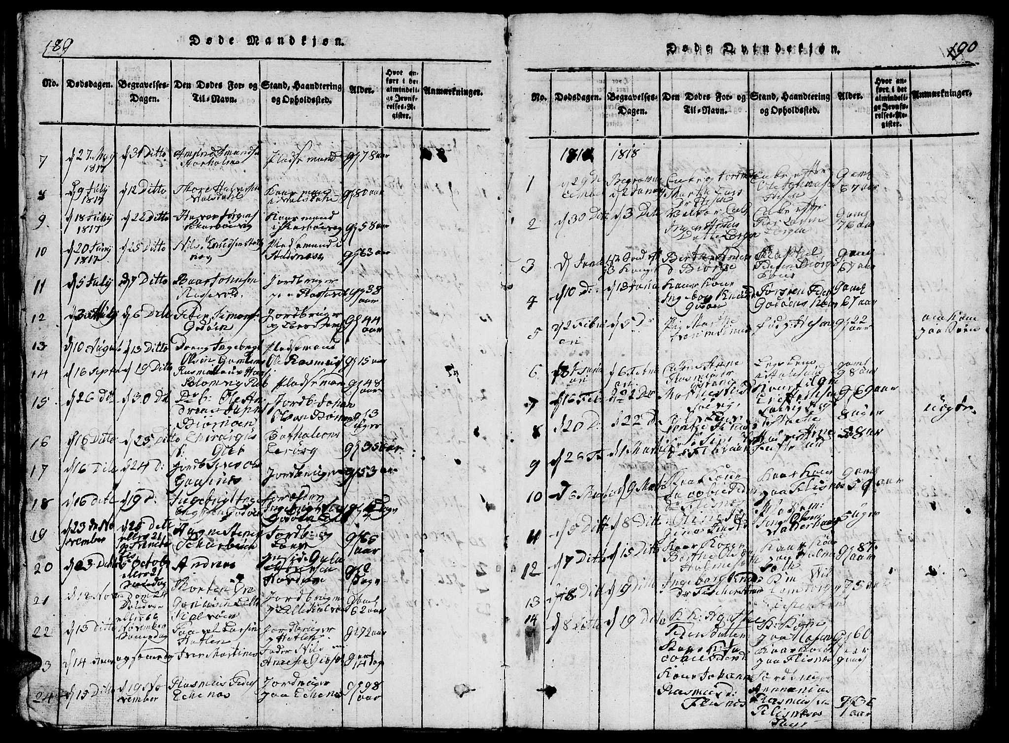 Ministerialprotokoller, klokkerbøker og fødselsregistre - Møre og Romsdal, AV/SAT-A-1454/528/L0423: Parish register (copy) no. 528C04, 1816-1827, p. 189-190