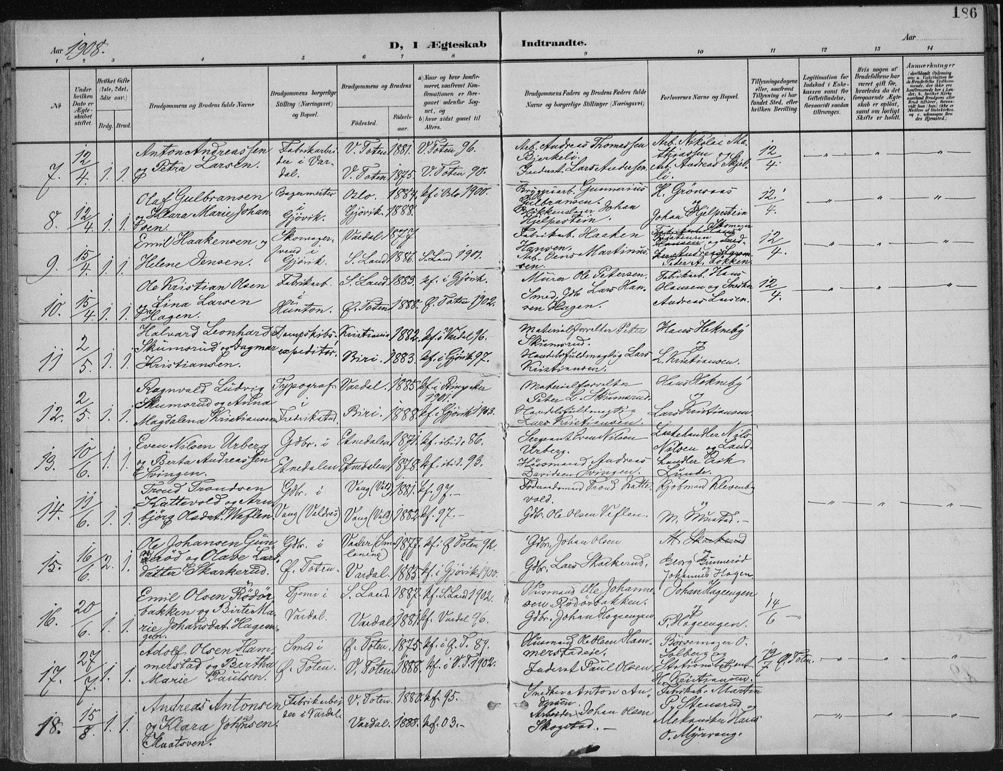 Vardal prestekontor, SAH/PREST-100/H/Ha/Haa/L0013: Parish register (official) no. 13, 1901-1911, p. 186