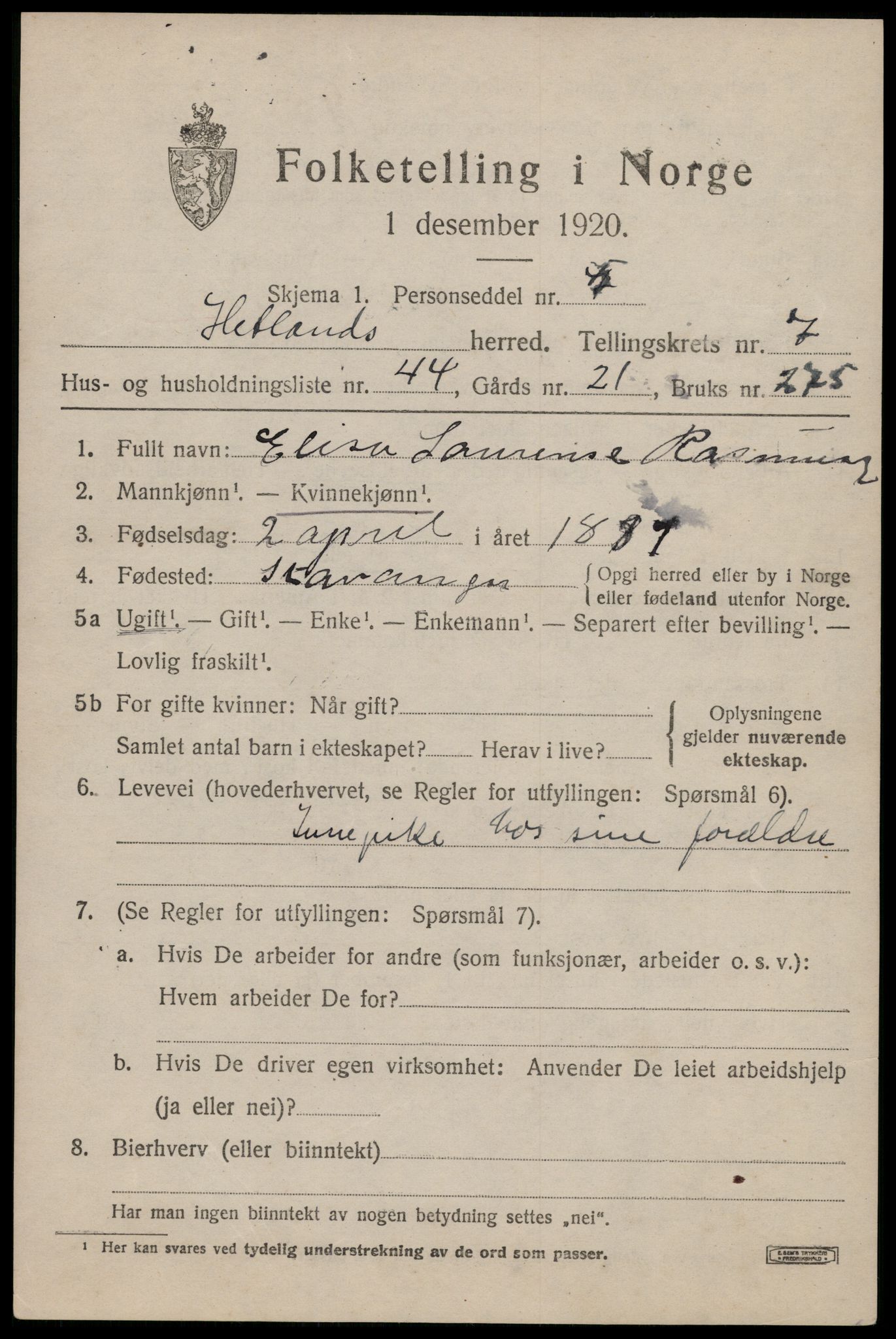 SAST, 1920 census for Hetland, 1920, p. 14463