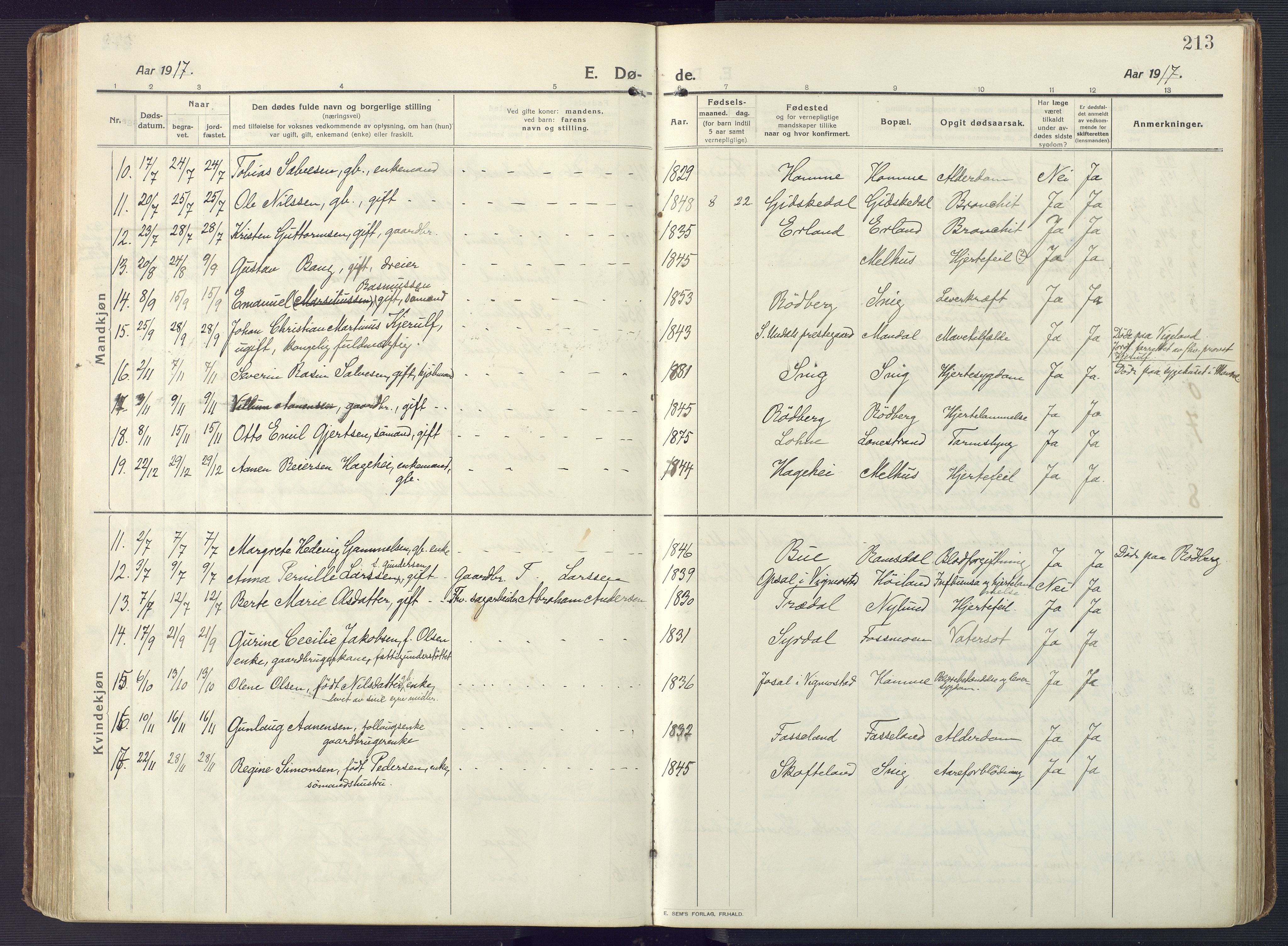 Sør-Audnedal sokneprestkontor, AV/SAK-1111-0039/F/Fa/Fab/L0011: Parish register (official) no. A 11, 1912-1938, p. 213