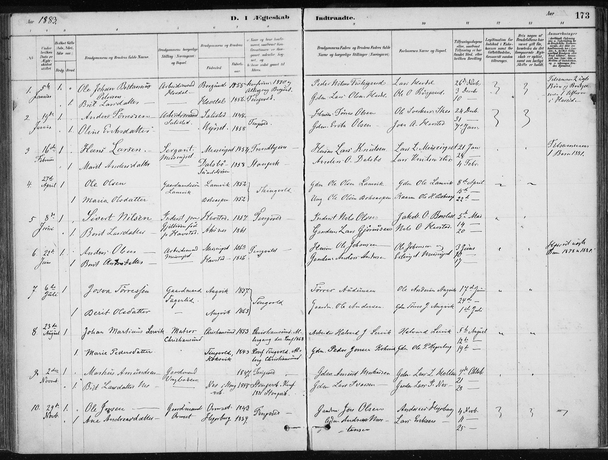Ministerialprotokoller, klokkerbøker og fødselsregistre - Møre og Romsdal, SAT/A-1454/586/L0987: Parish register (official) no. 586A13, 1879-1892, p. 173