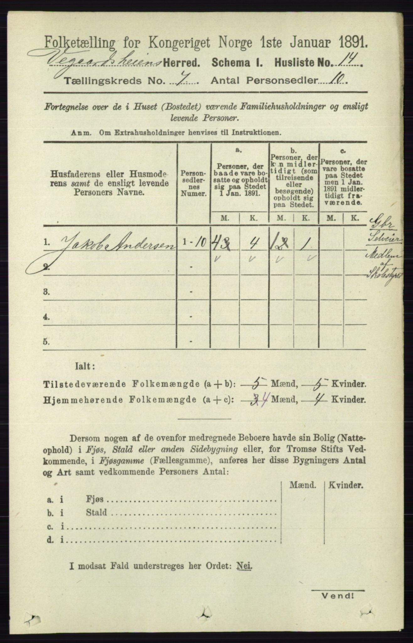 RA, 1891 census for 0912 Vegårshei, 1891, p. 1324