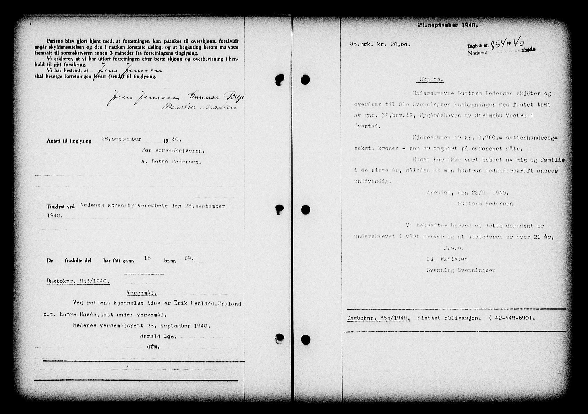 Nedenes sorenskriveri, SAK/1221-0006/G/Gb/Gba/L0047: Mortgage book no. A-I, 1939-1940, Diary no: : 853/1940