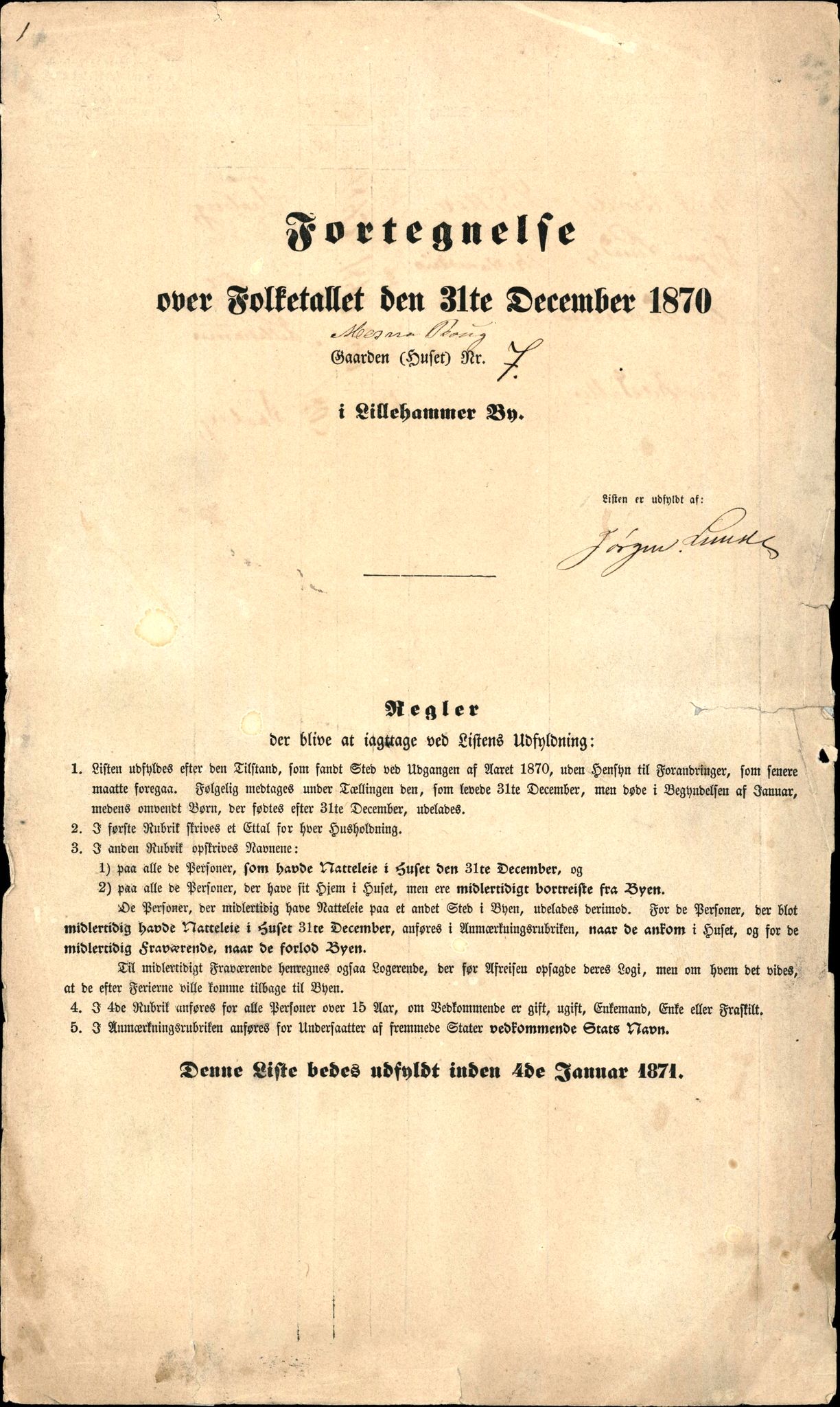 RA, 1870 census for 0501 Lillehammer, 1870, p. 1