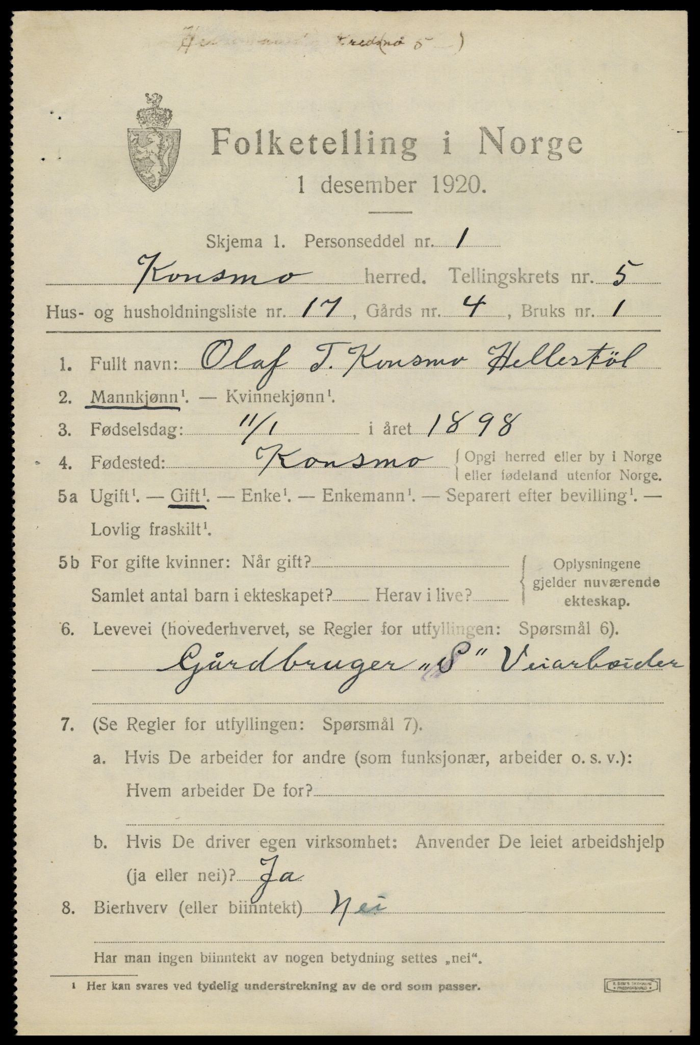 SAK, 1920 census for Konsmo, 1920, p. 1392
