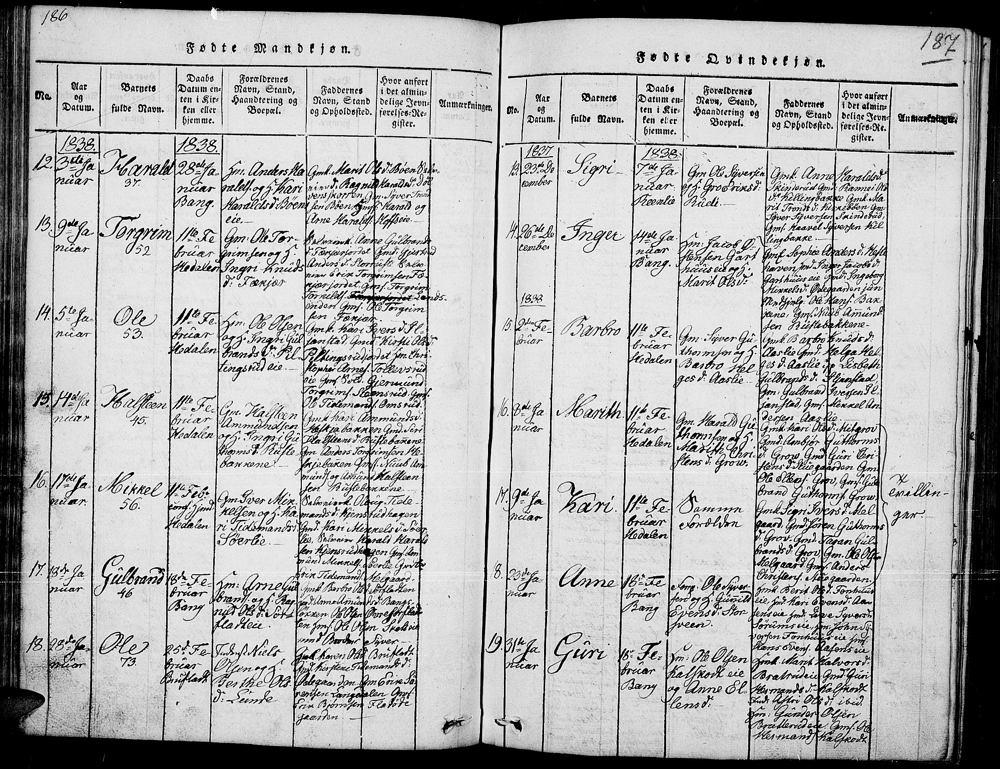 Sør-Aurdal prestekontor, AV/SAH-PREST-128/H/Ha/Hab/L0002: Parish register (copy) no. 2, 1826-1840, p. 186-187