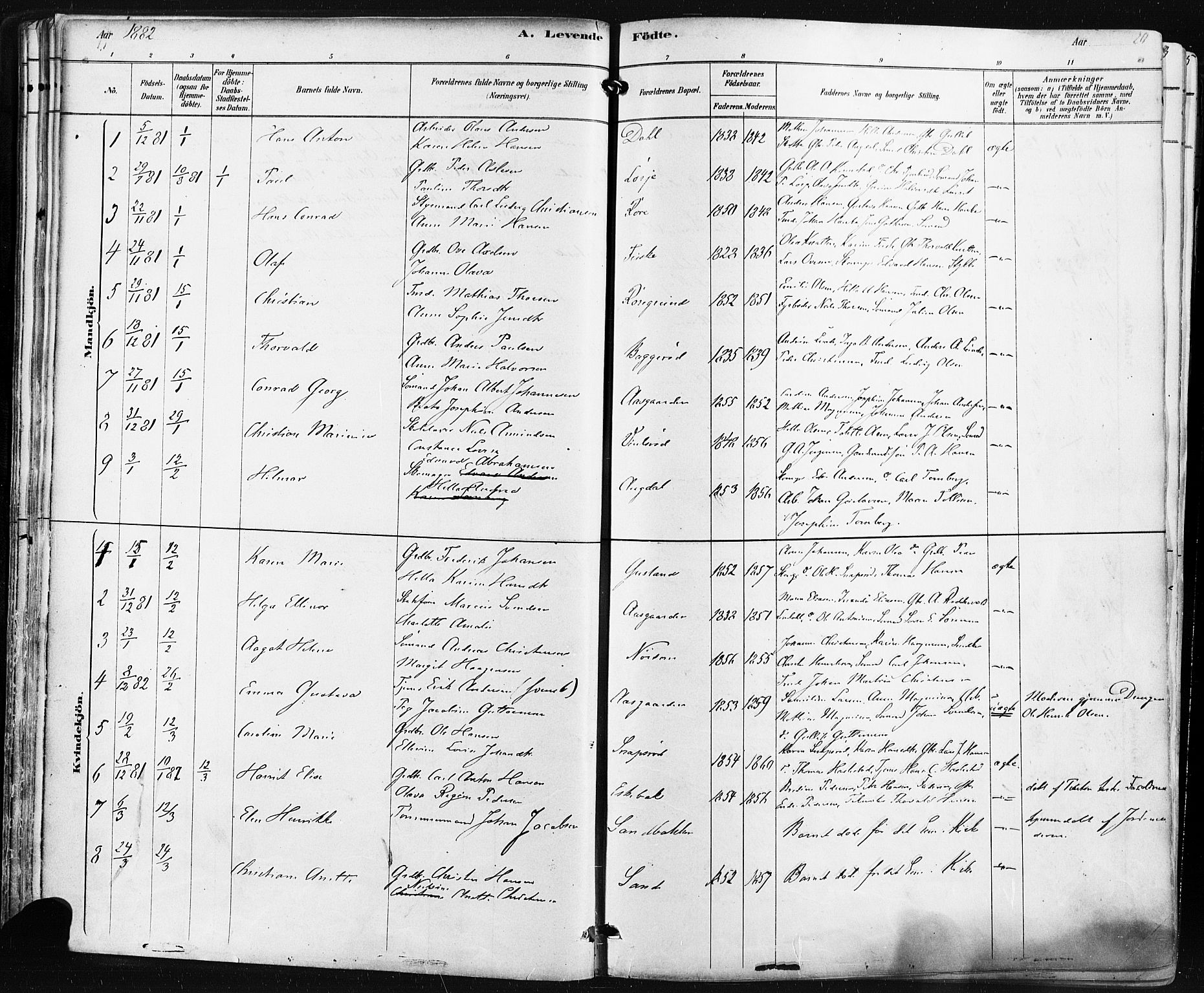 Borre kirkebøker, AV/SAKO-A-338/F/Fa/L0009: Parish register (official) no. I 9, 1878-1896, p. 20