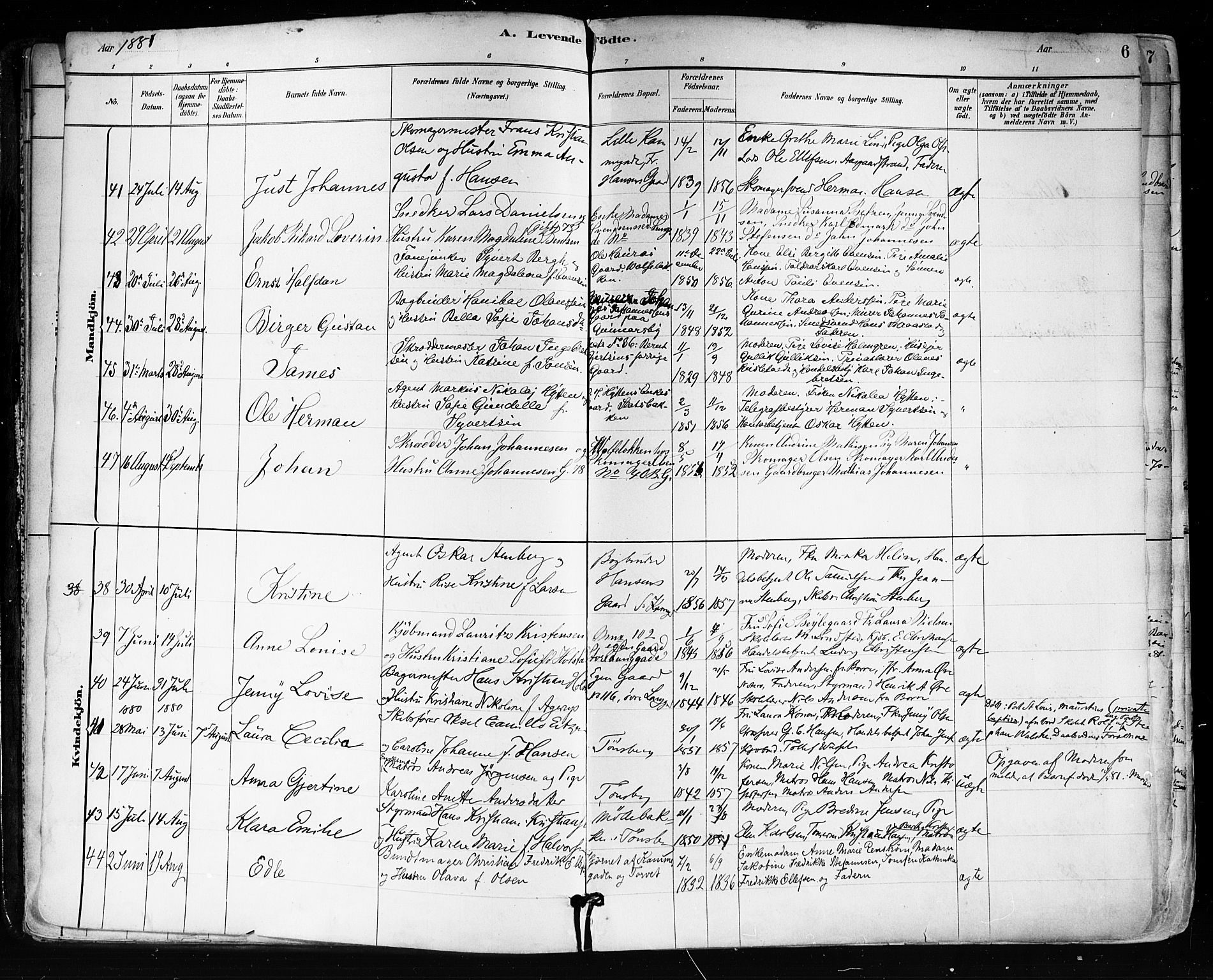 Tønsberg kirkebøker, AV/SAKO-A-330/F/Fa/L0011: Parish register (official) no. I 11, 1881-1890, p. 6