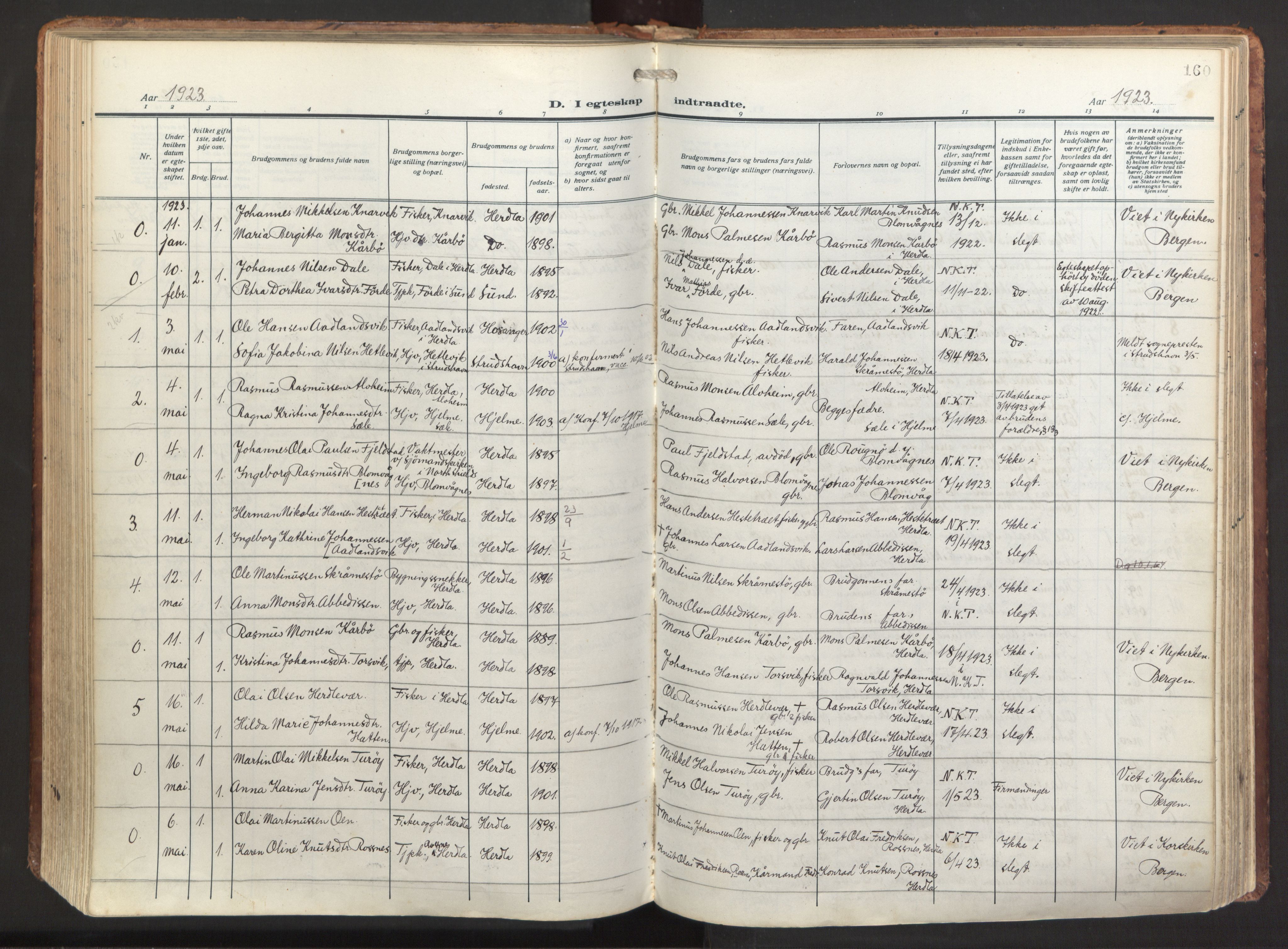 Herdla Sokneprestembete, AV/SAB-A-75701/H/Haa: Parish register (official) no. A 6, 1918-1933, p. 160