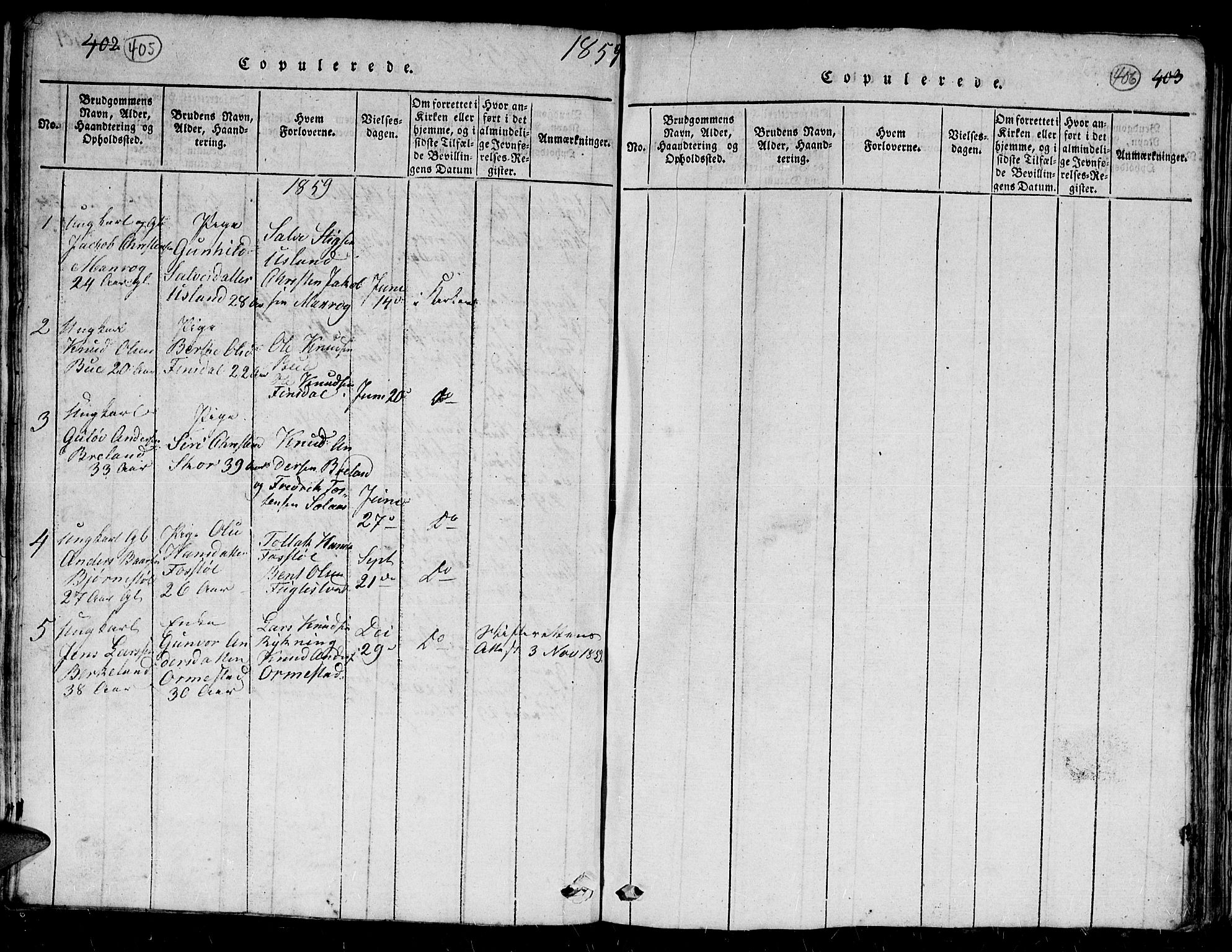 Holum sokneprestkontor, AV/SAK-1111-0022/F/Fb/Fbc/L0001: Parish register (copy) no. B 1, 1820-1859, p. 405-406