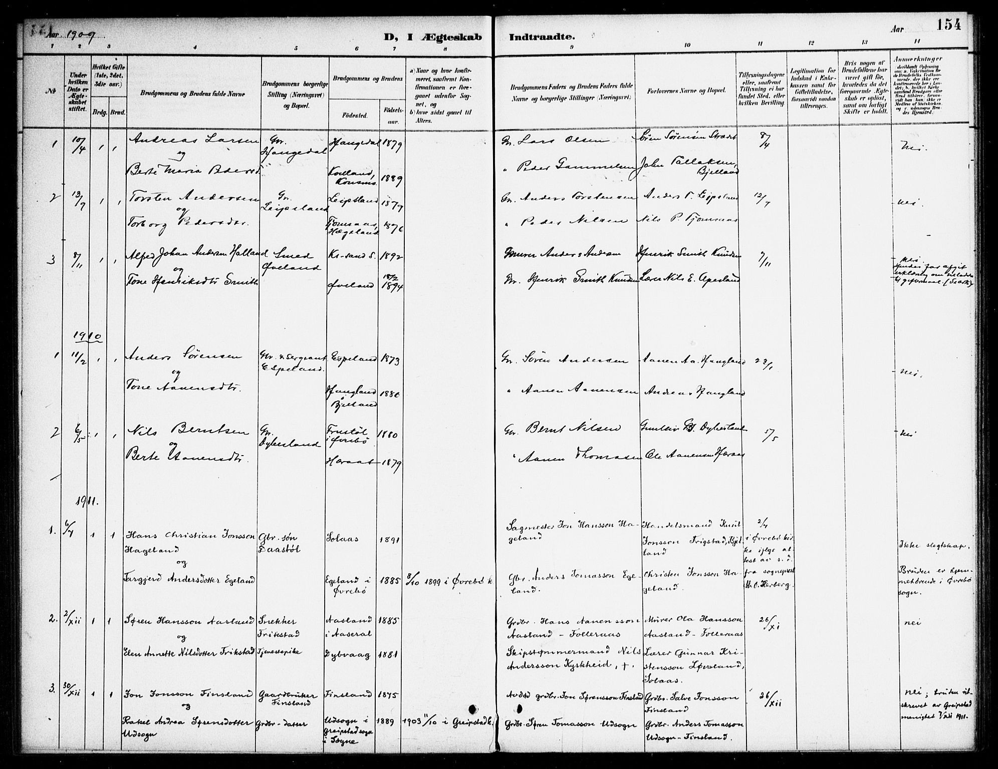 Bjelland sokneprestkontor, SAK/1111-0005/F/Fa/Fab/L0004: Parish register (official) no. A 4, 1887-1920, p. 154