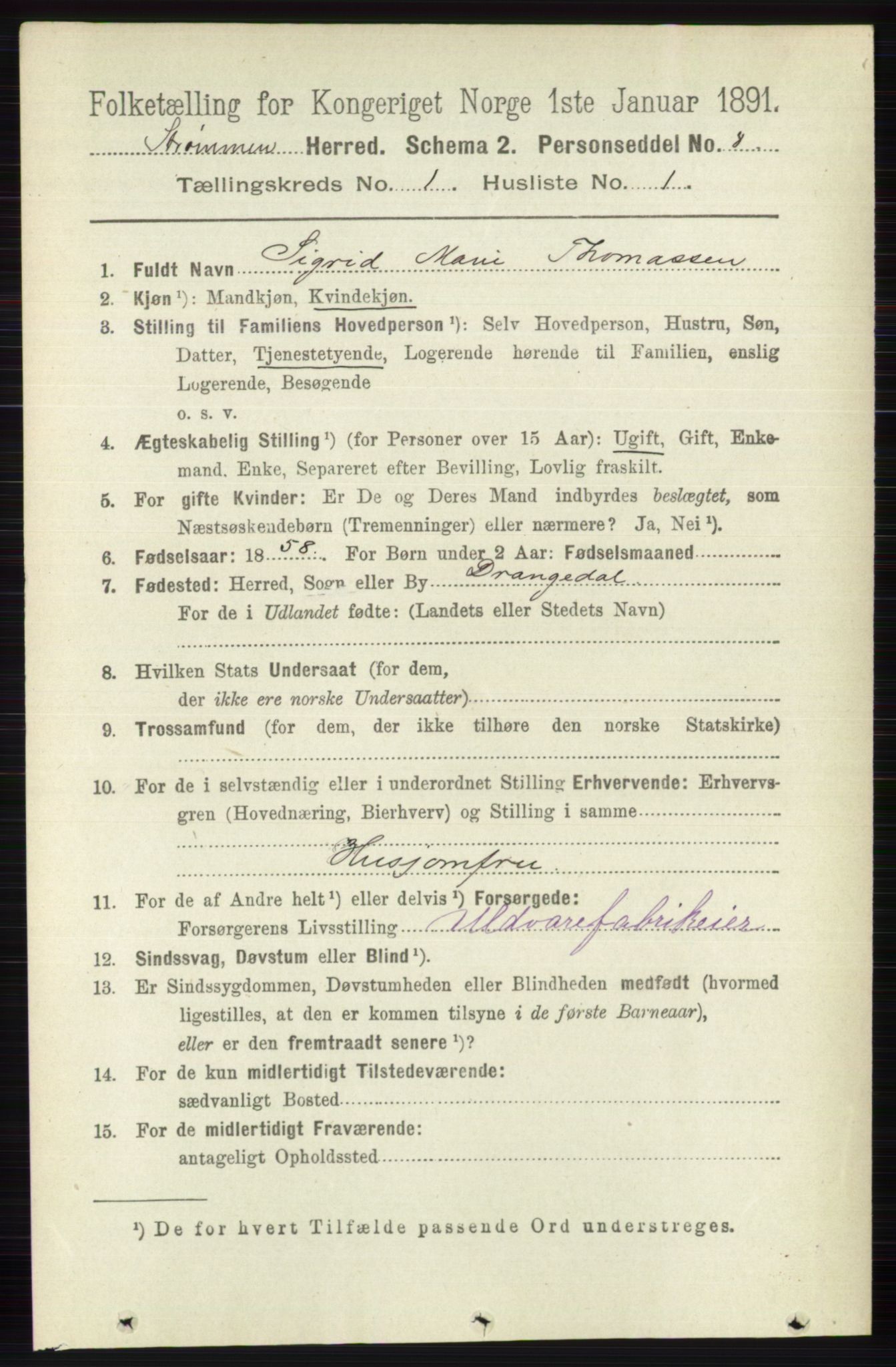 RA, 1891 census for 0711 Strømm, 1891, p. 67