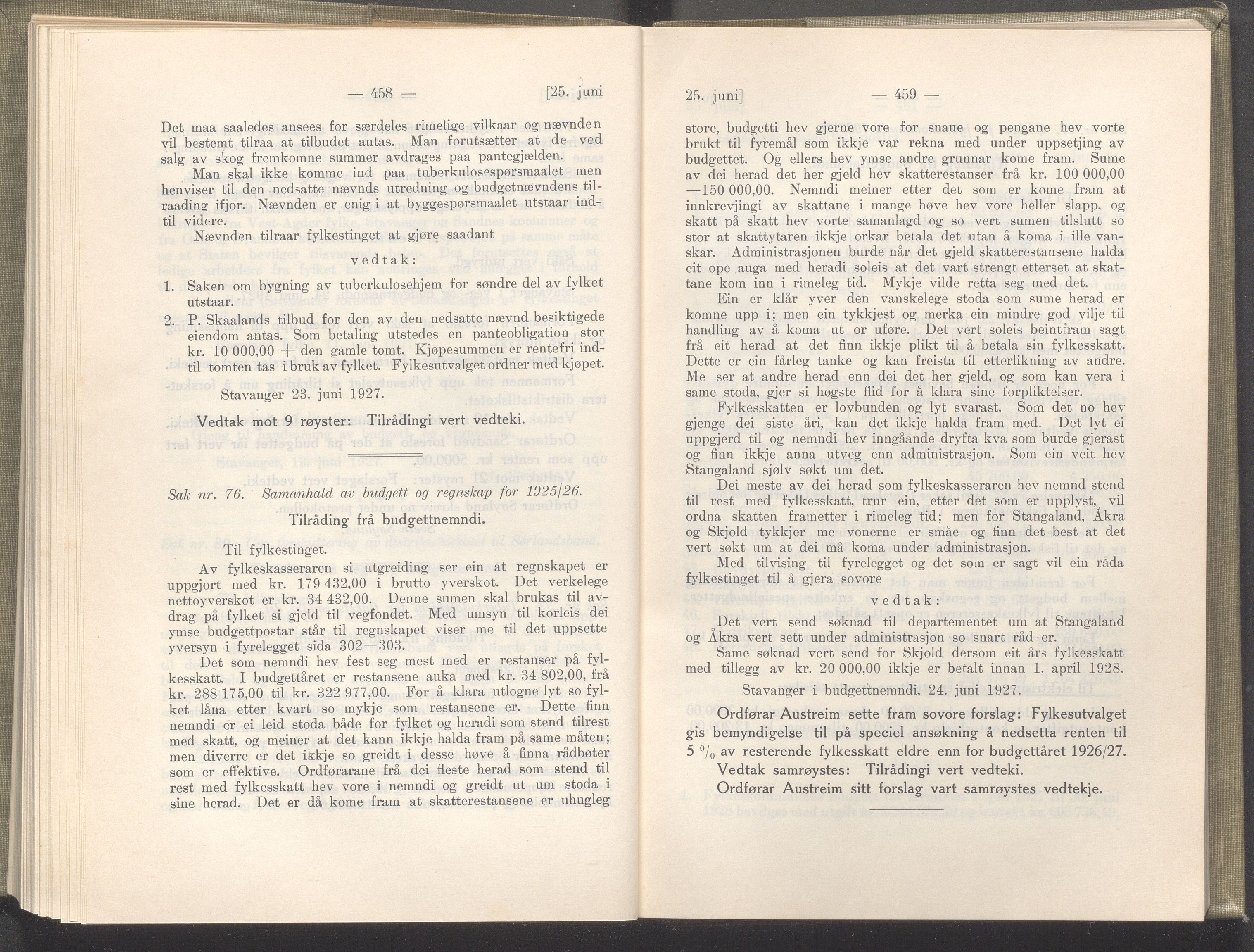 Rogaland fylkeskommune - Fylkesrådmannen , IKAR/A-900/A/Aa/Aaa/L0046: Møtebok , 1927, p. 458-459