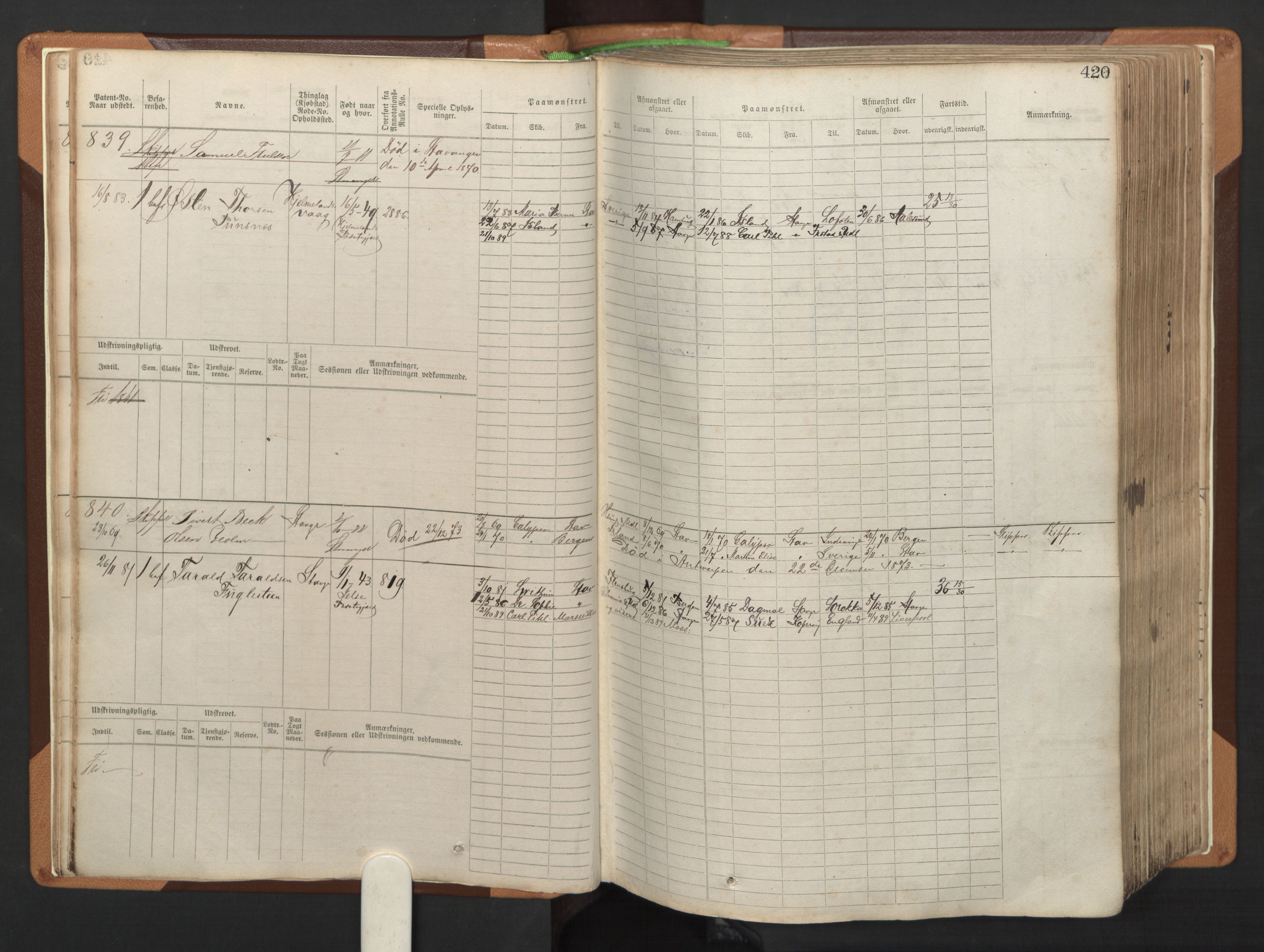 Stavanger sjømannskontor, AV/SAST-A-102006/F/Fb/Fbb/L0005: Sjøfartshovedrulle, patentnr. 793-1606 (del 2), 1869-1880, p. 26