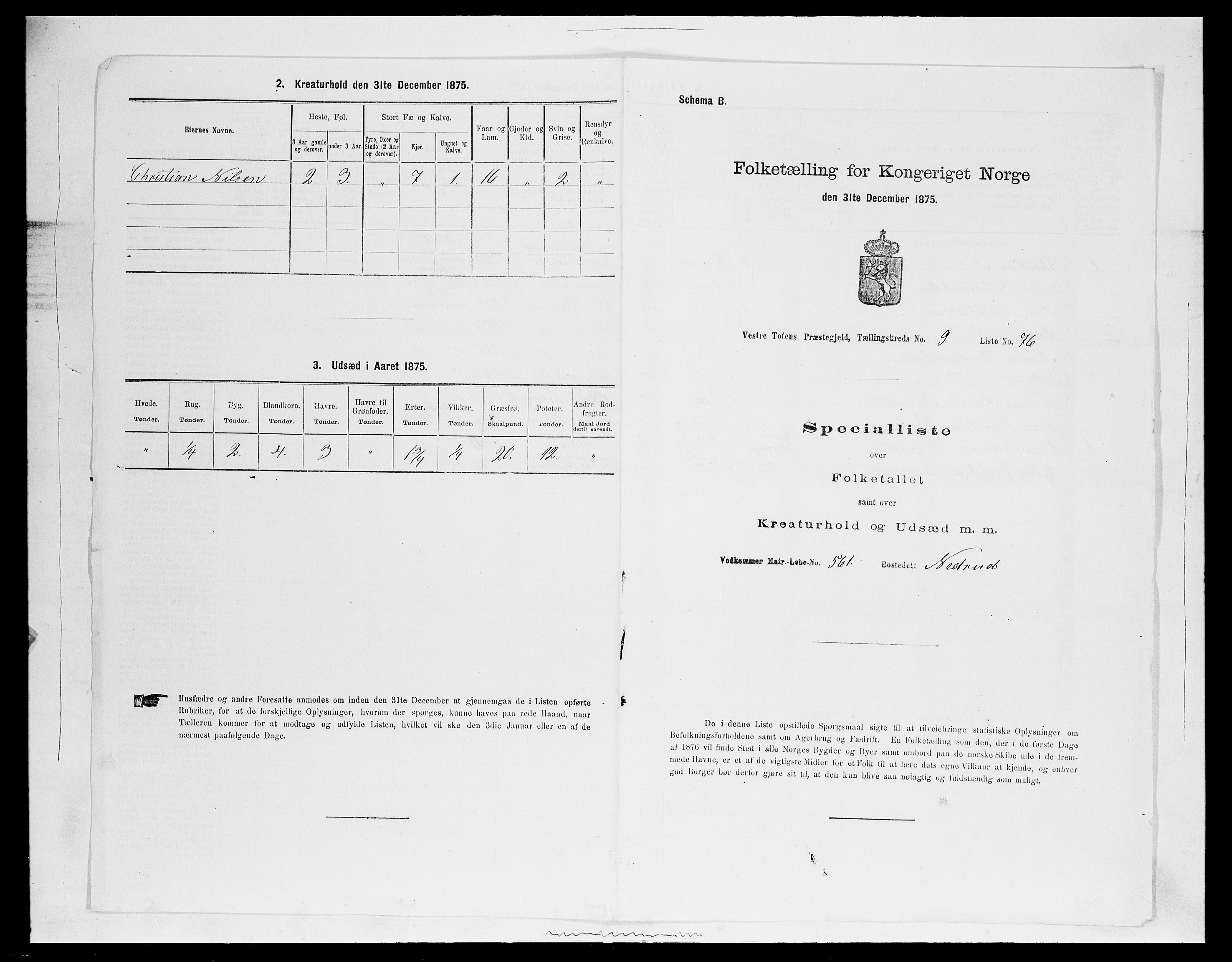 SAH, 1875 census for 0529P Vestre Toten, 1875, p. 1845