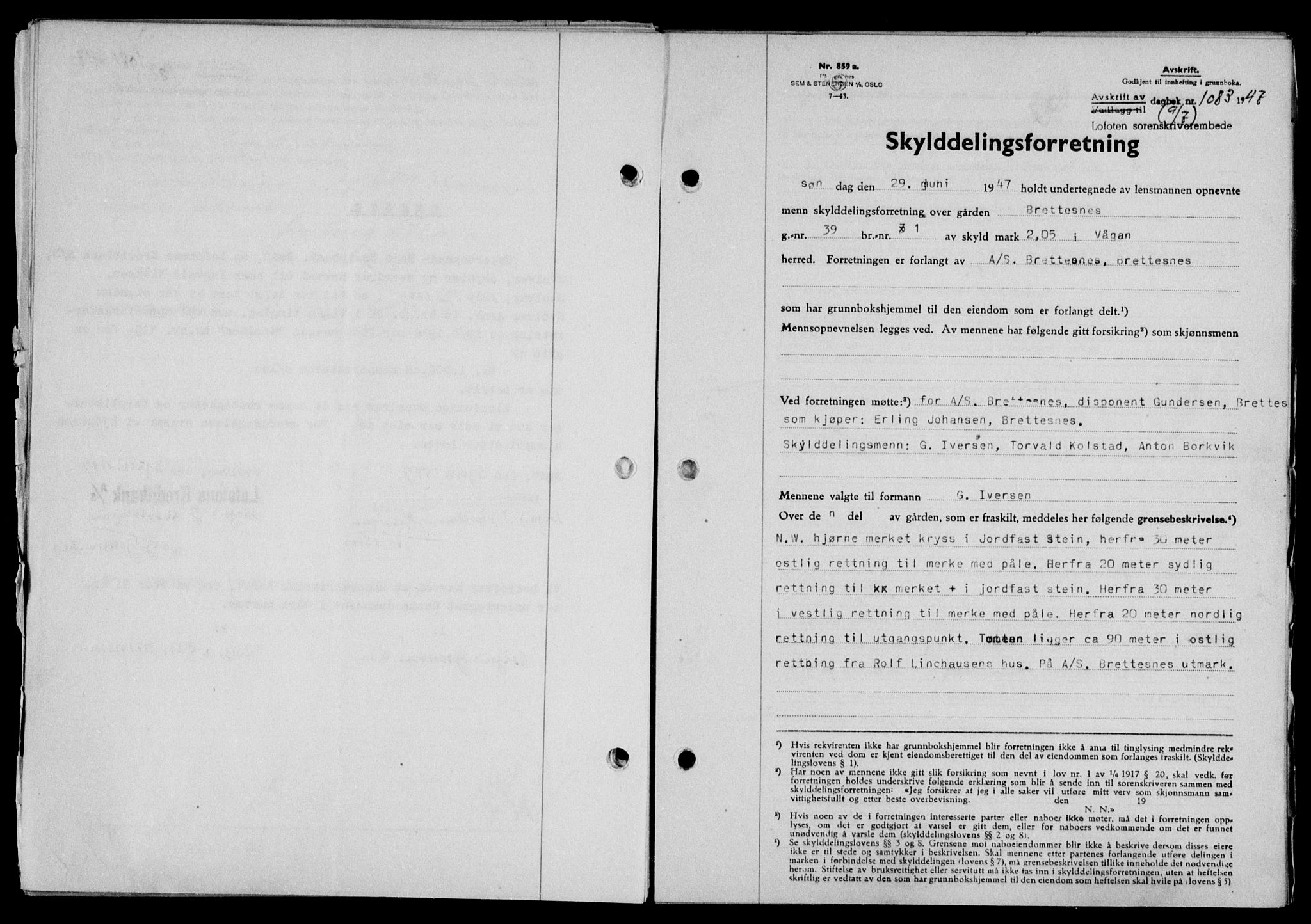 Lofoten sorenskriveri, SAT/A-0017/1/2/2C/L0016a: Mortgage book no. 16a, 1947-1947, Diary no: : 1083/1947