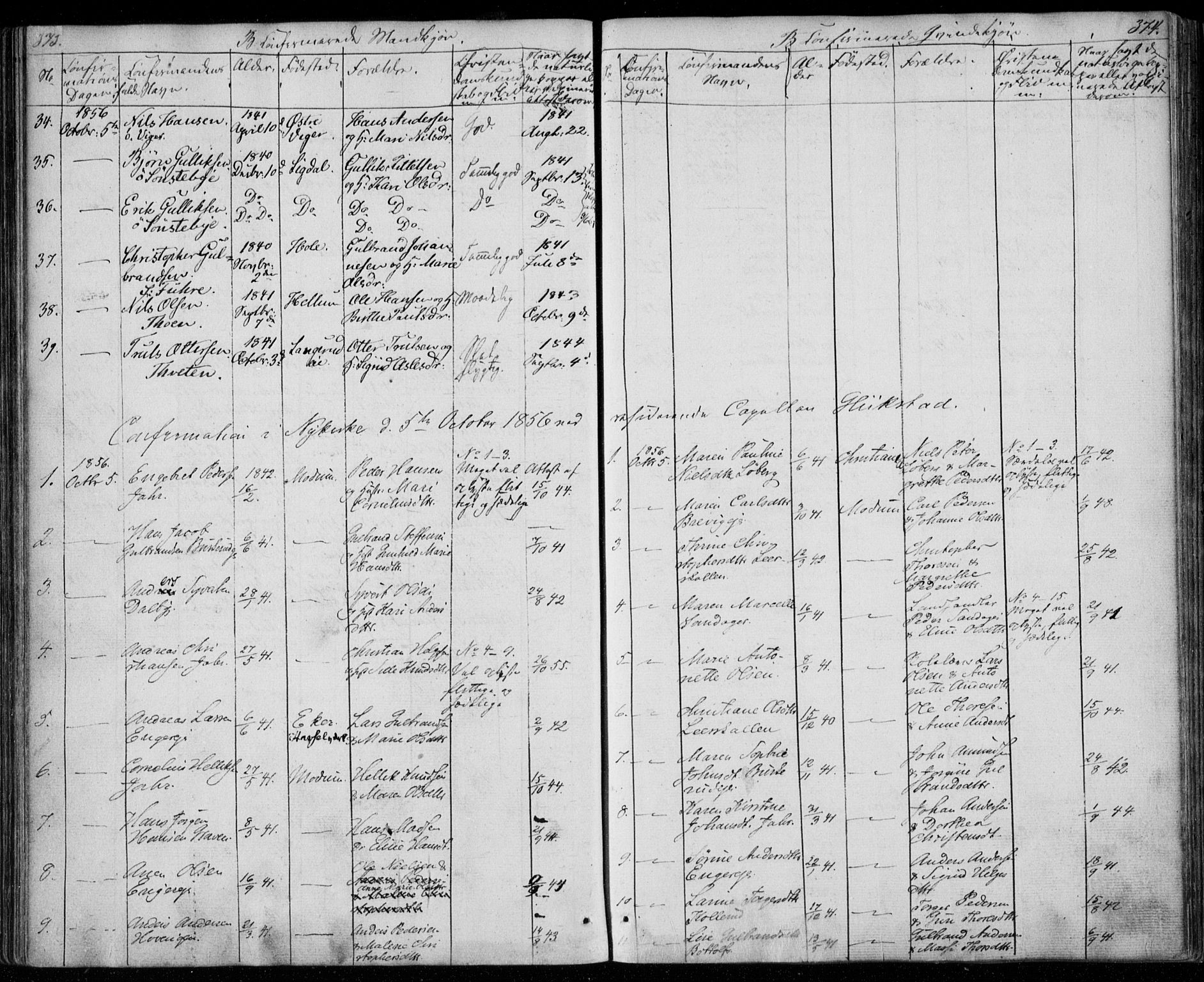 Modum kirkebøker, AV/SAKO-A-234/F/Fa/L0008: Parish register (official) no. 8, 1851-1859, p. 373-374