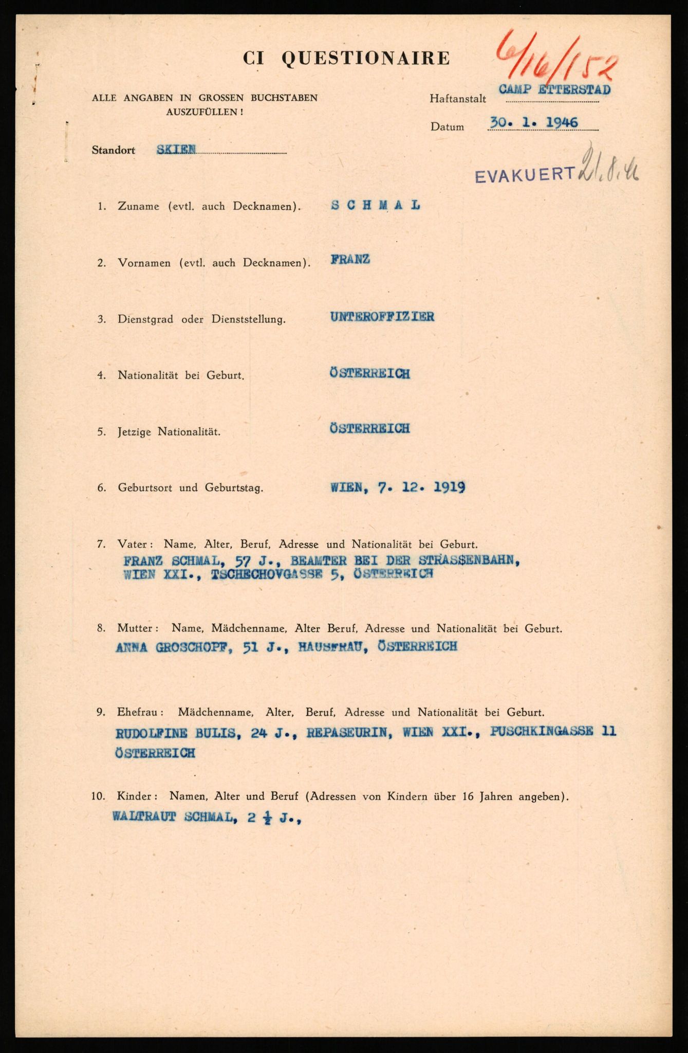 Forsvaret, Forsvarets overkommando II, AV/RA-RAFA-3915/D/Db/L0040: CI Questionaires. Tyske okkupasjonsstyrker i Norge. Østerrikere., 1945-1946, p. 175