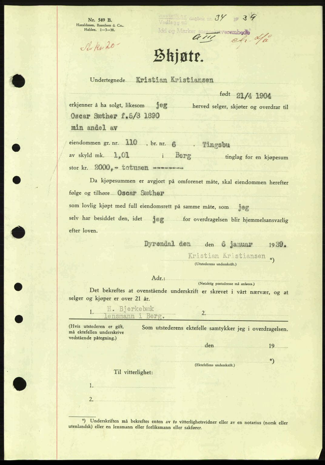 Idd og Marker sorenskriveri, AV/SAO-A-10283/G/Gb/Gbb/L0003: Mortgage book no. A3, 1938-1939, Diary no: : 34/1939