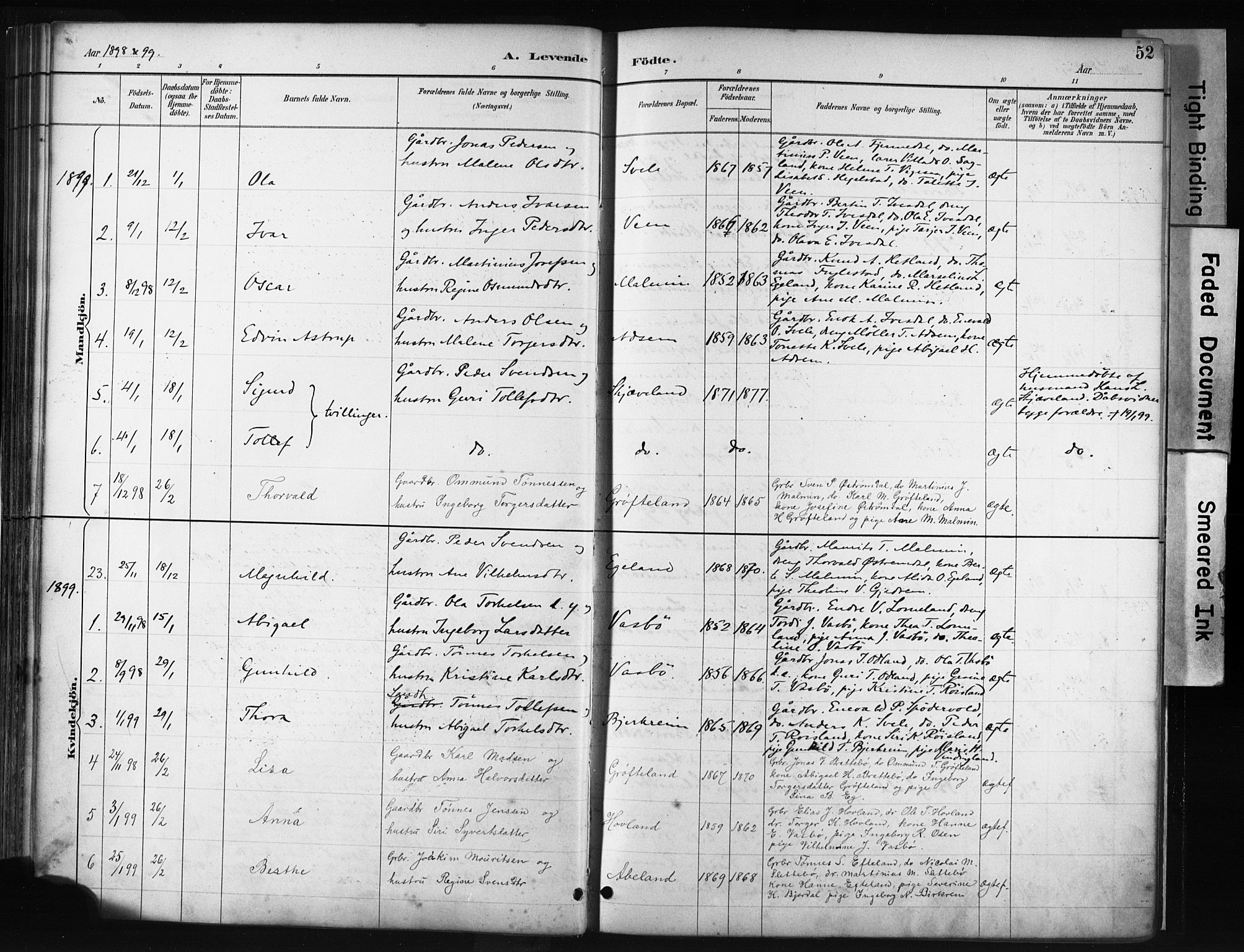 Helleland sokneprestkontor, AV/SAST-A-101810: Parish register (official) no. A 9, 1887-1908, p. 52