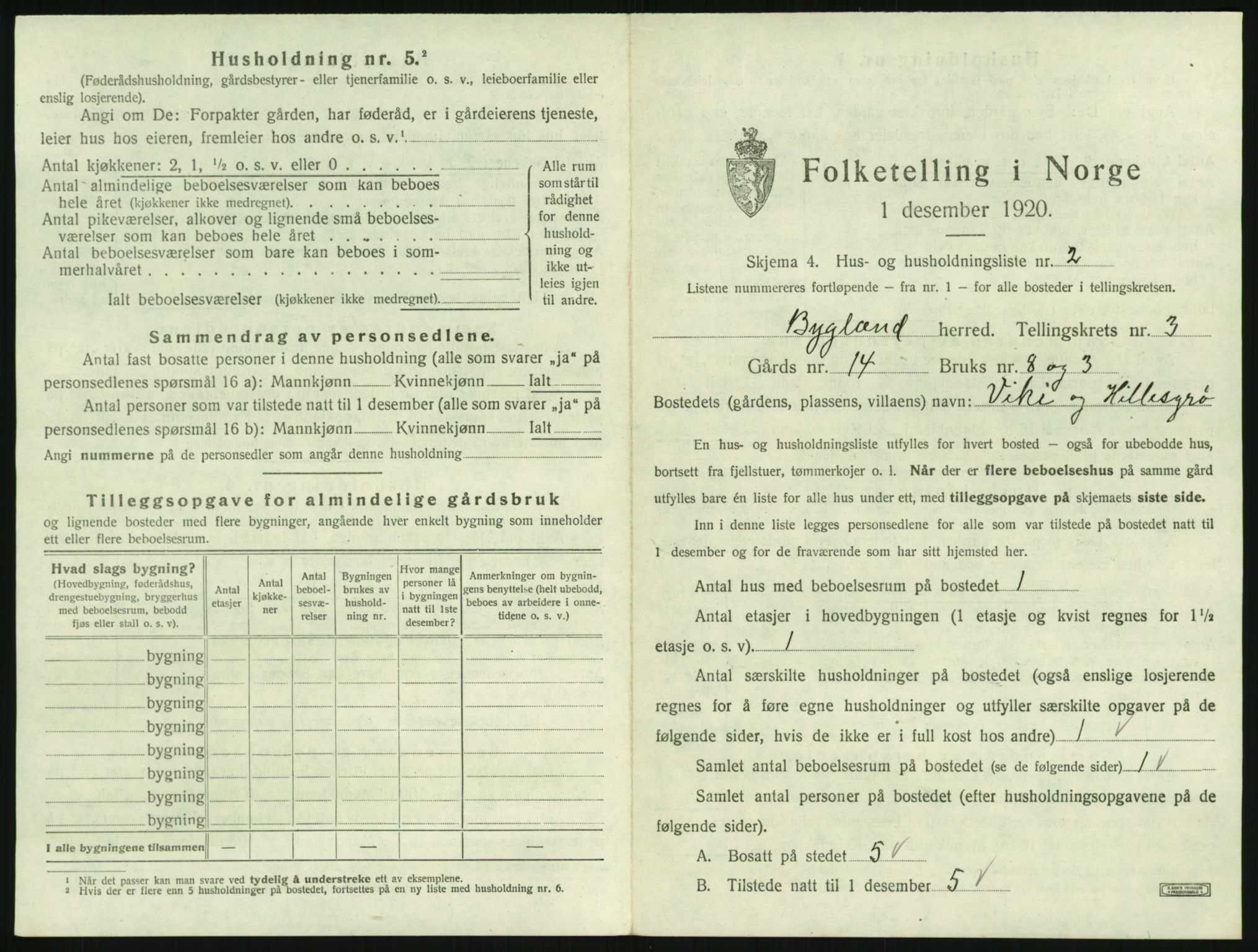 SAK, 1920 census for Bygland, 1920, p. 169