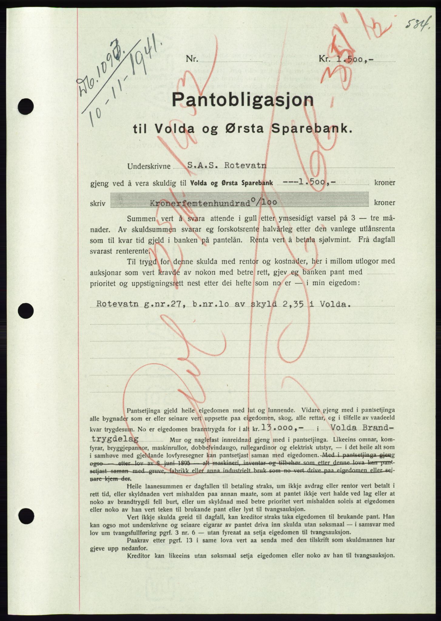 Søre Sunnmøre sorenskriveri, AV/SAT-A-4122/1/2/2C/L0071: Mortgage book no. 65, 1941-1941, Diary no: : 1097/1941