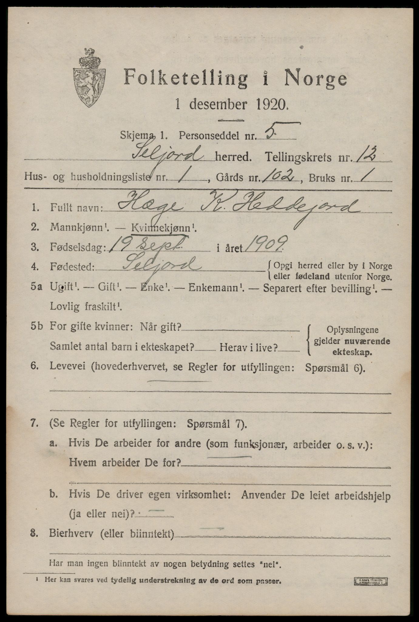 SAKO, 1920 census for Seljord, 1920, p. 5762