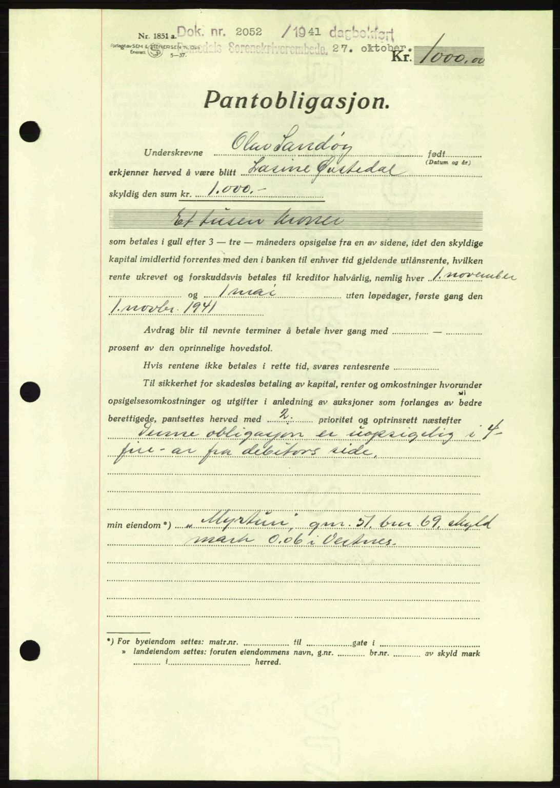 Romsdal sorenskriveri, AV/SAT-A-4149/1/2/2C: Mortgage book no. B2, 1939-1945, Diary no: : 2052/1941