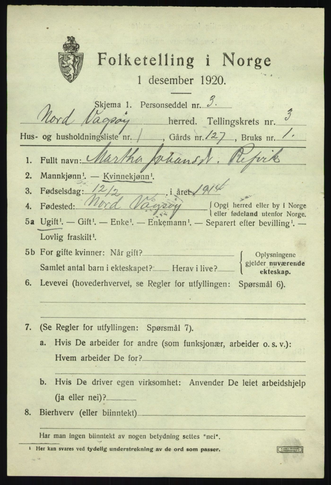 SAB, 1920 census for Nord-Vågsøy, 1920, p. 1028