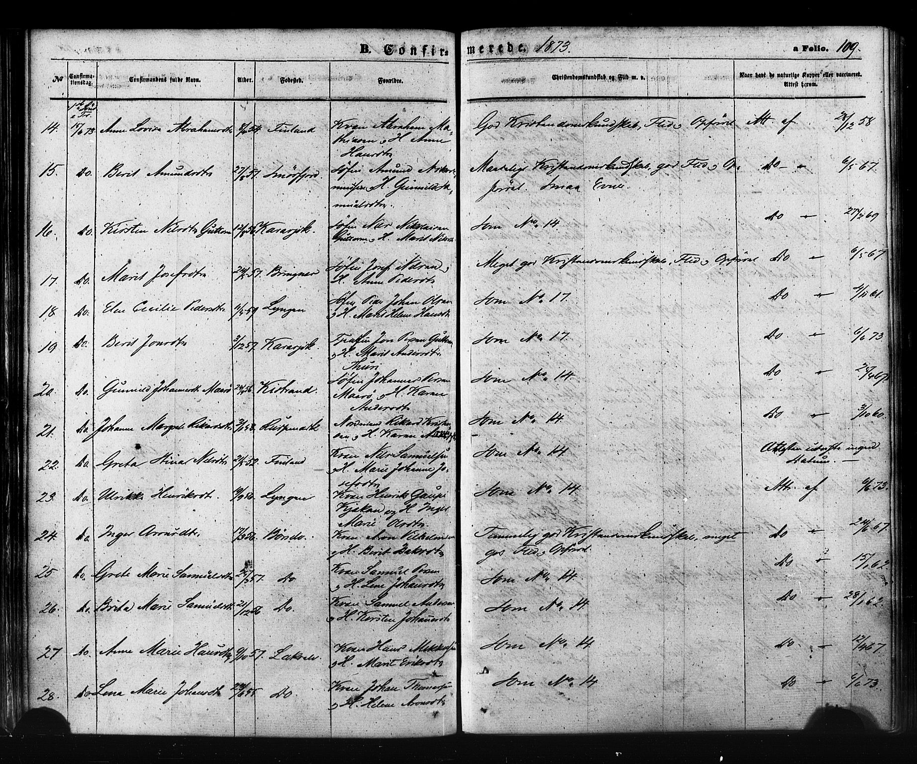 Kistrand/Porsanger sokneprestembete, AV/SATØ-S-1351/H/Ha/L0005.kirke: Parish register (official) no. 5, 1860-1874, p. 109