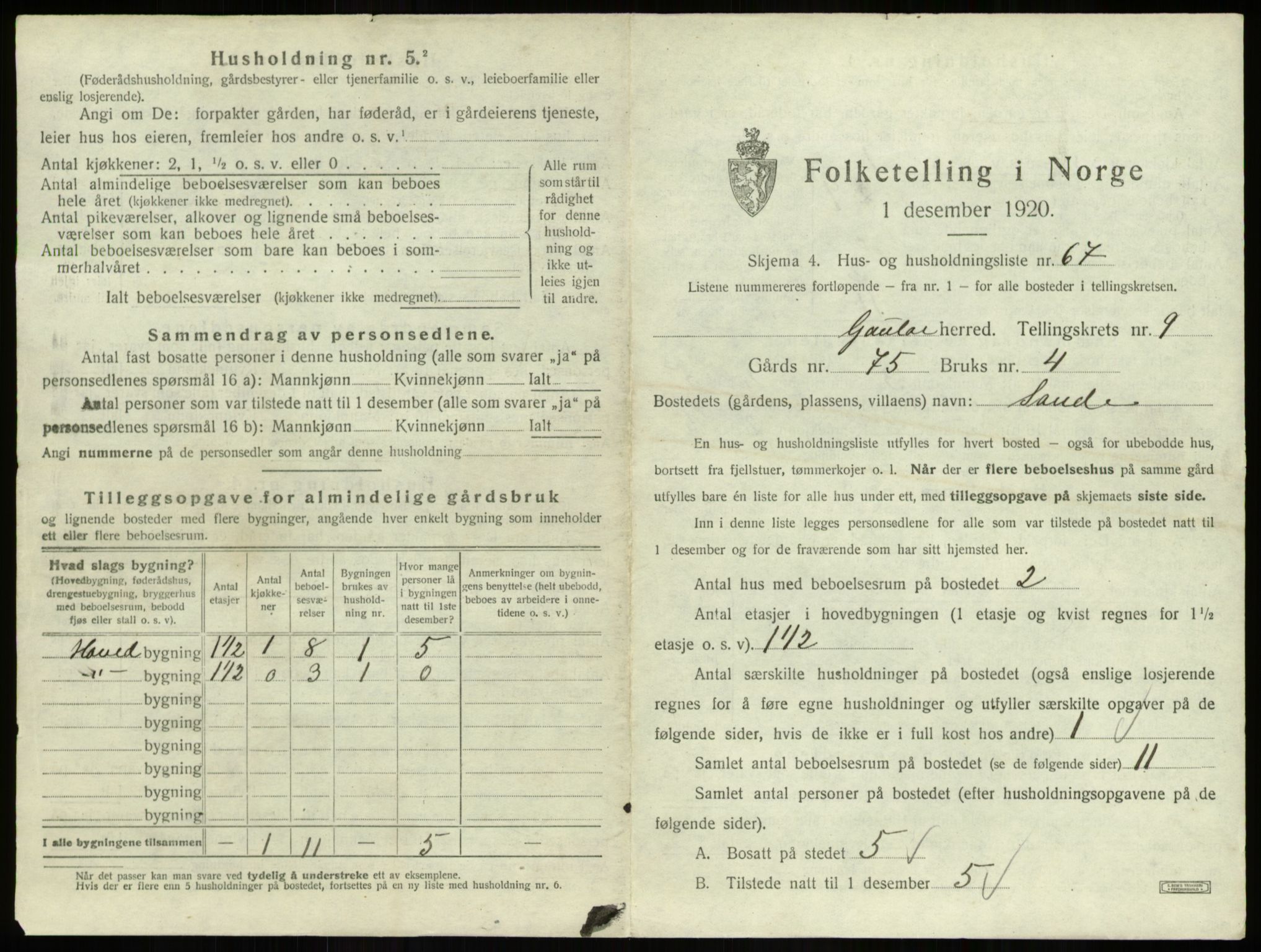 SAB, 1920 census for Gaular, 1920, p. 740