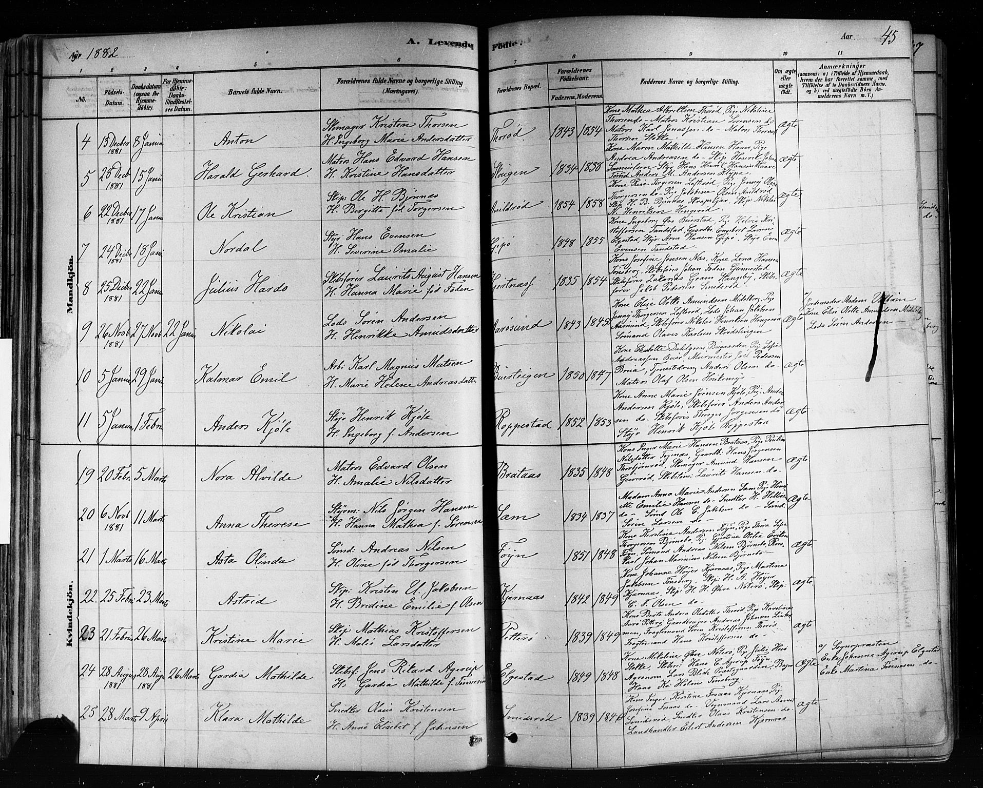 Nøtterøy kirkebøker, SAKO/A-354/F/Fa/L0008: Parish register (official) no. I 8, 1878-1893, p. 45