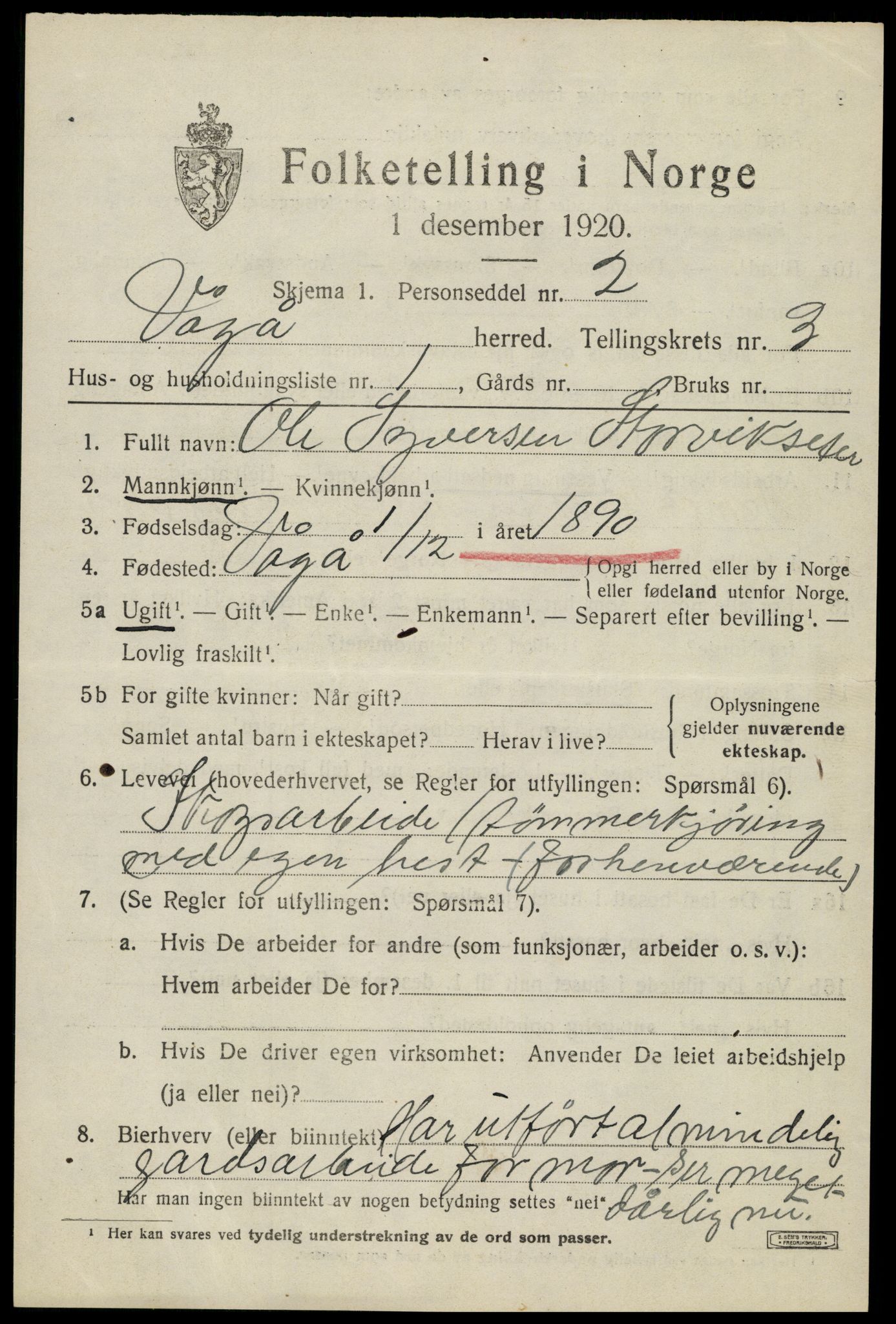 SAH, 1920 census for Vågå, 1920, p. 2682